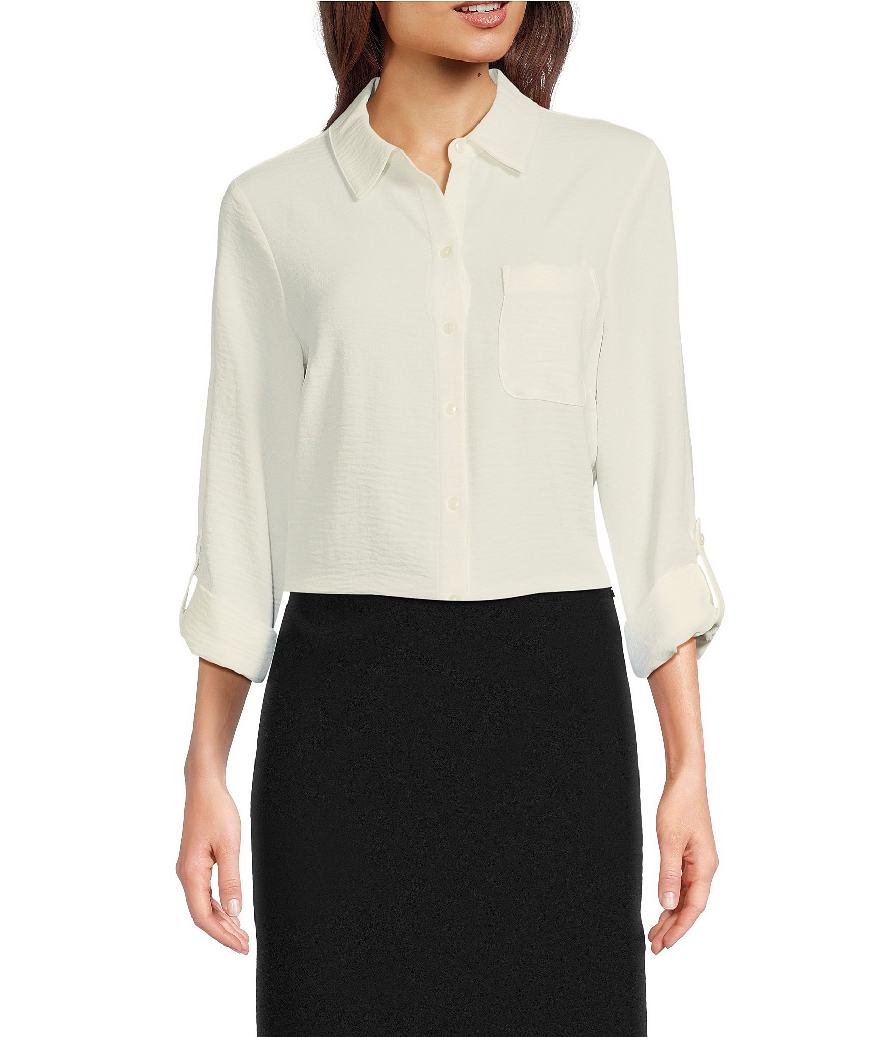 DKNY by Donna Karan Collared Neckline Long Roll Tab Sleeve Button Down Shirt