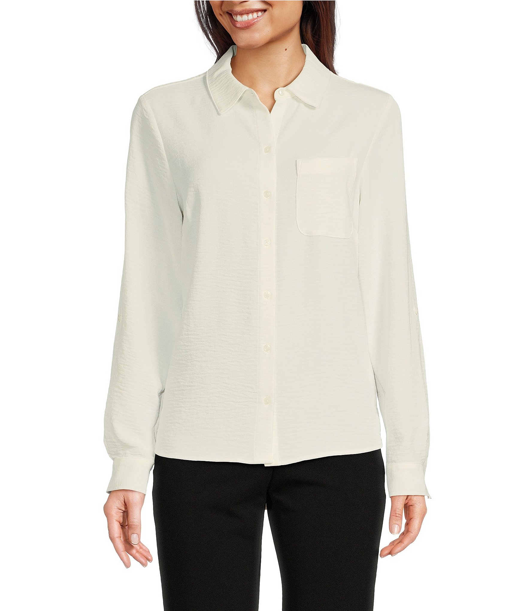 DKNY by Donna Karan Collared Neckline Long Roll Tab Sleeve Button Down Shirt