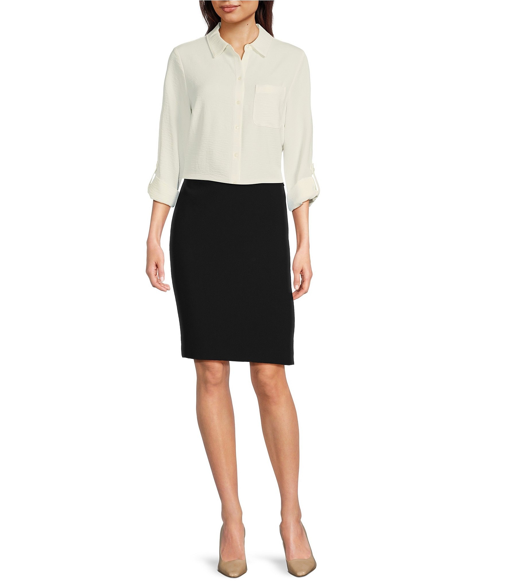 DKNY by Donna Karan Collared Neckline Long Roll Tab Sleeve Button Down Shirt