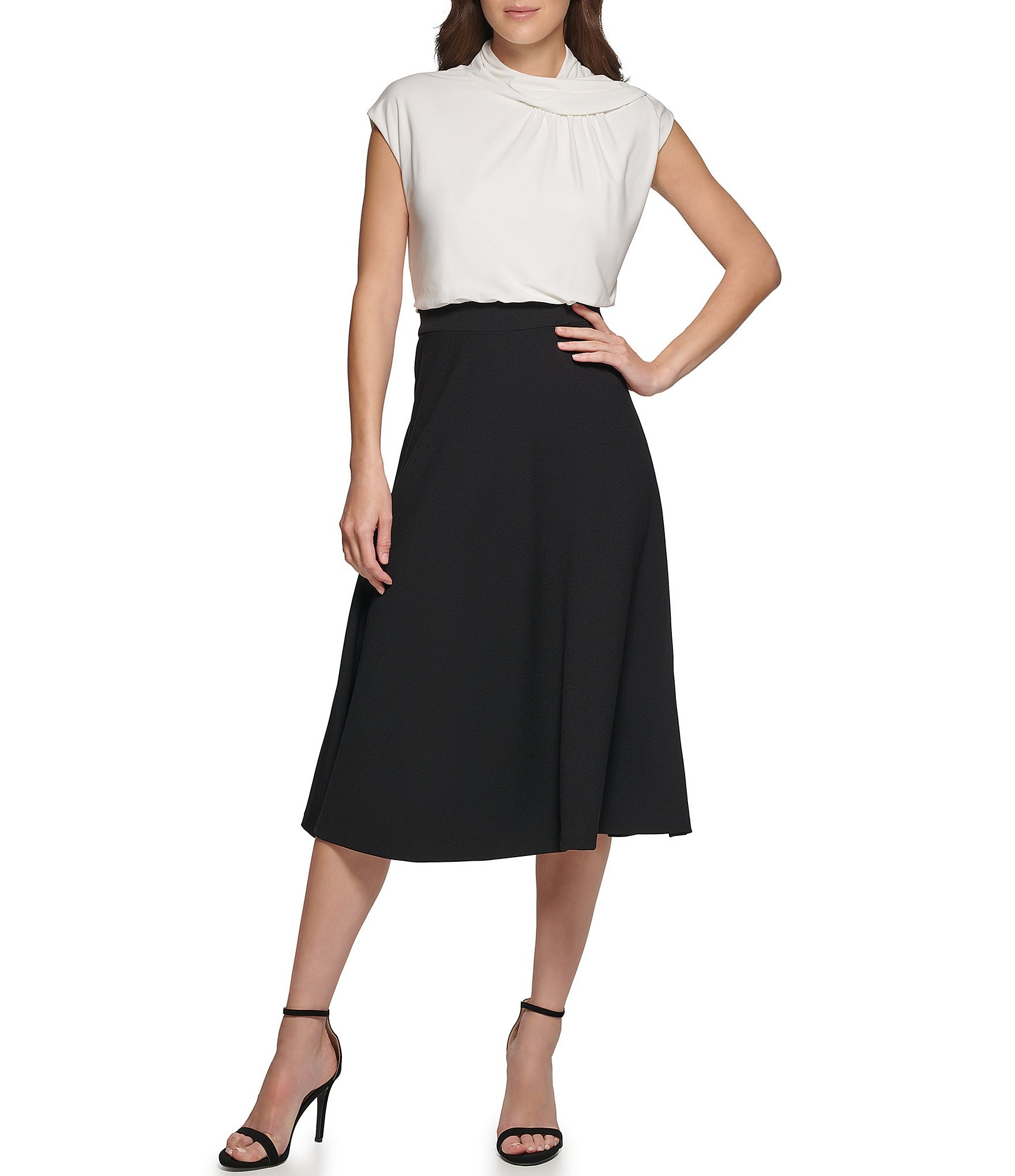 DKNY Color Block Drape Neck Cap Sleeve A-Line Midi Dress | Dillard's