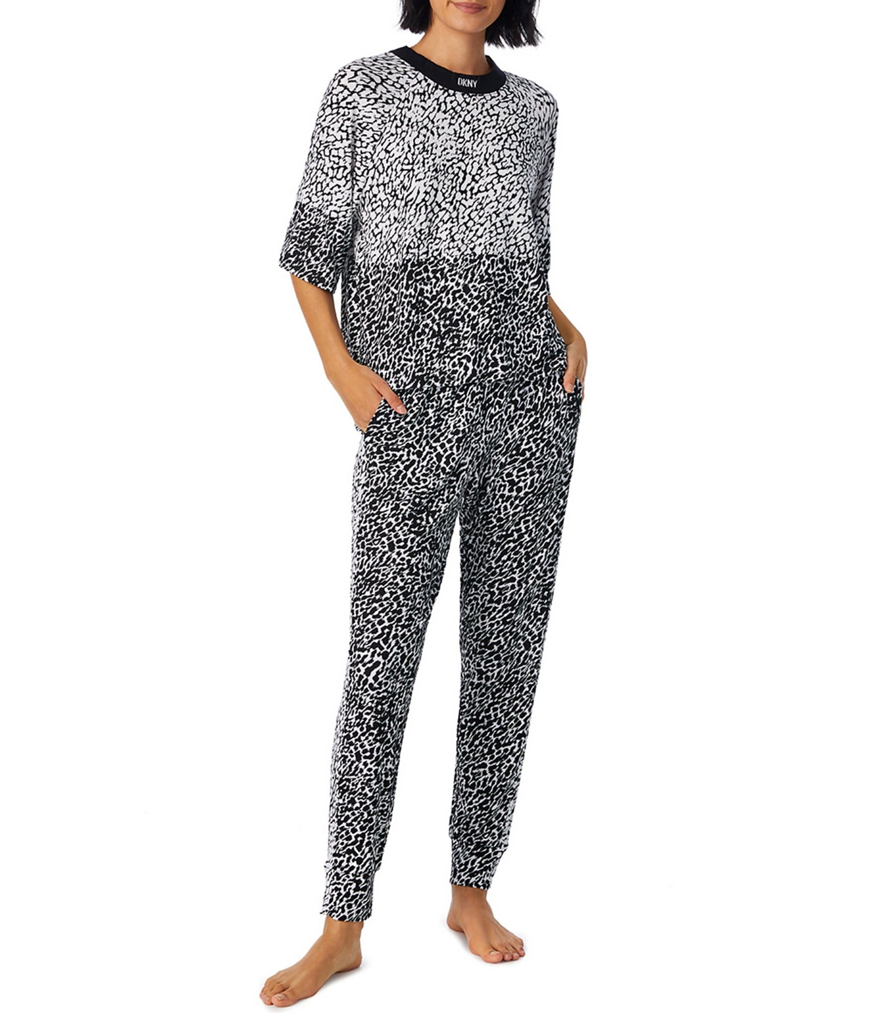 DKNY Contrasting Animal Print Short Sleeve Crew Neck Knit Pajama Set ...