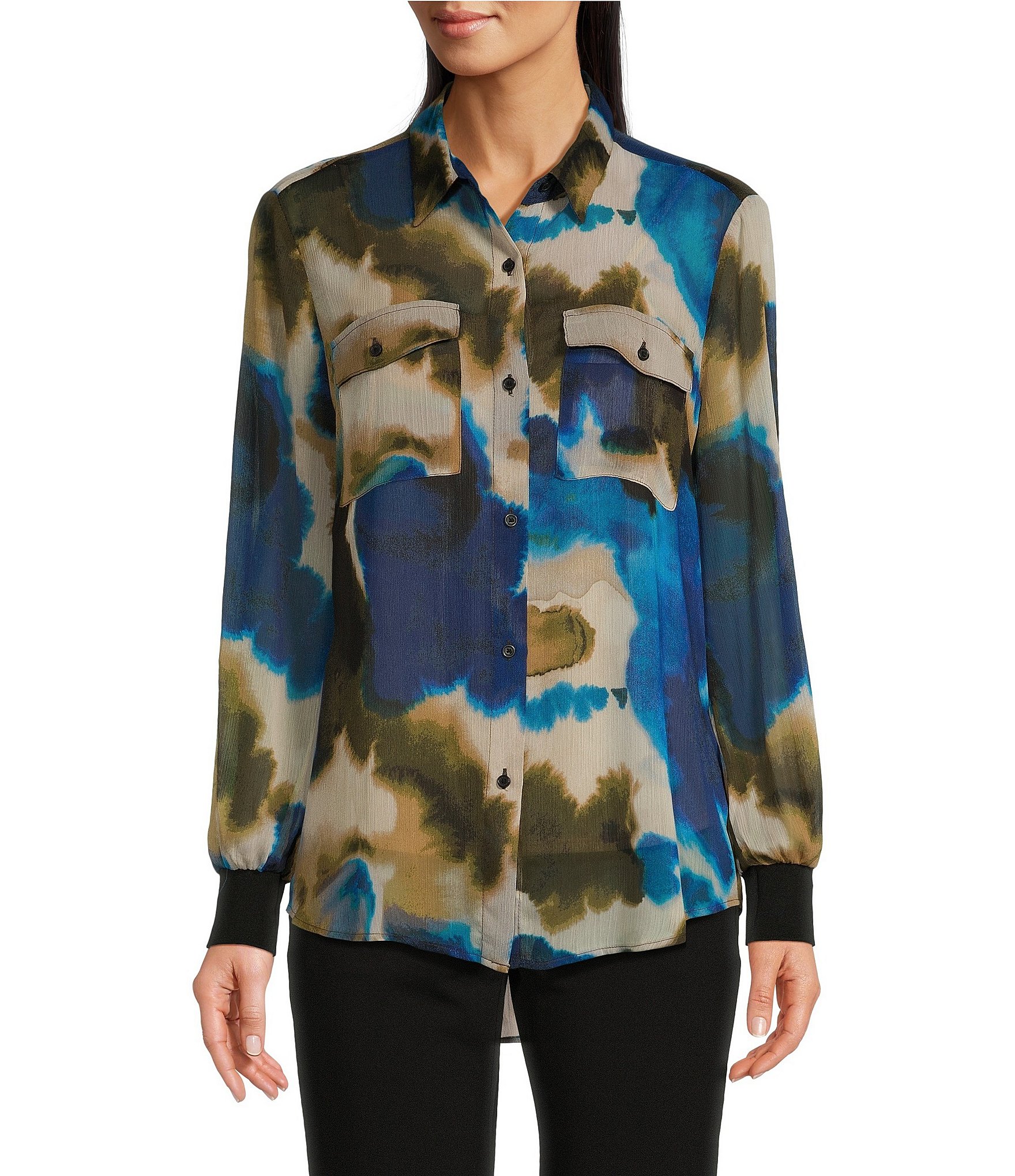 DKNY by Donna Karan Crinkle Chiffon Long Sleeve Collared