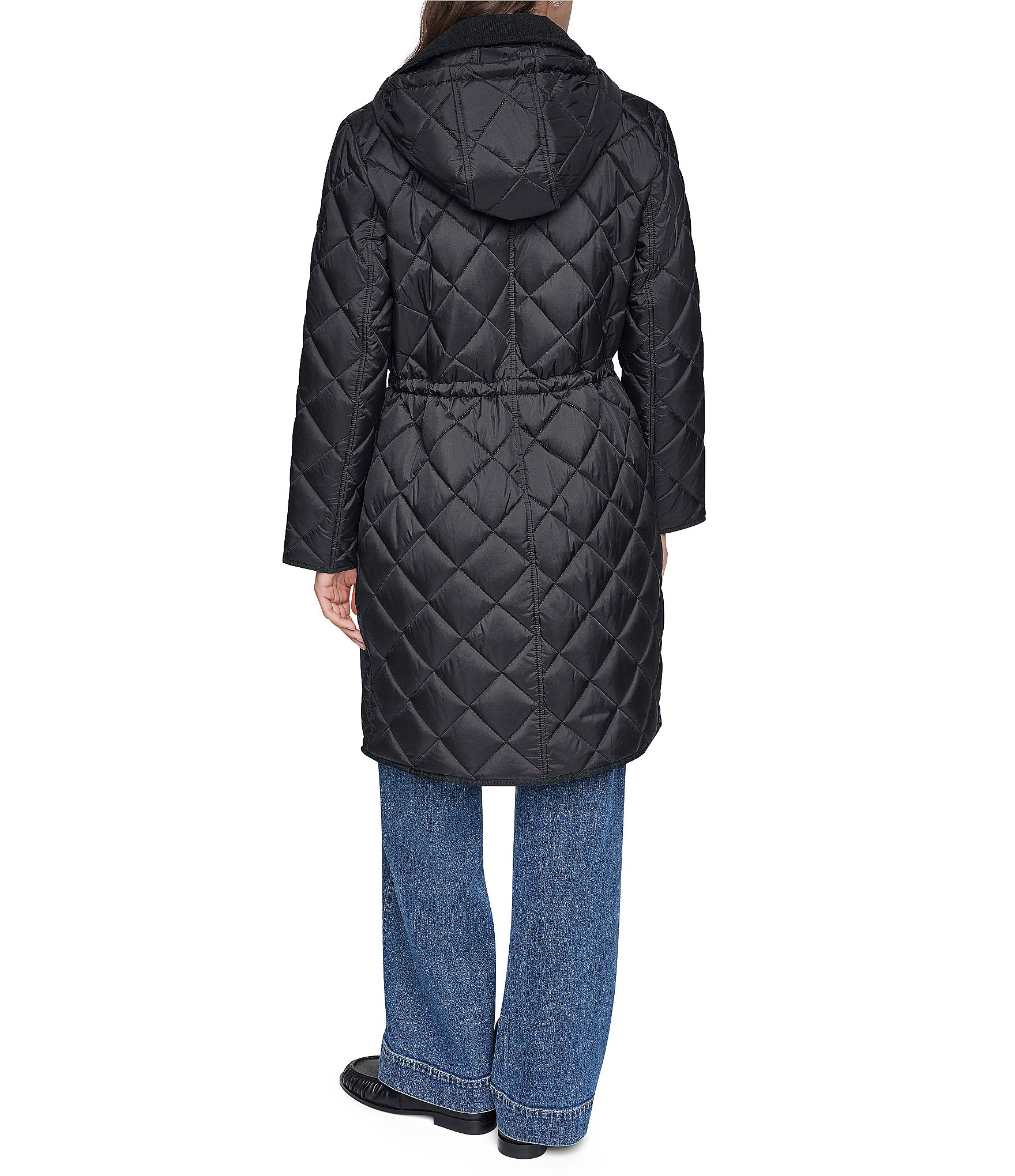 DKNY Diamond Quilted Point Collar Removable Hood Snap Front Trench Coat