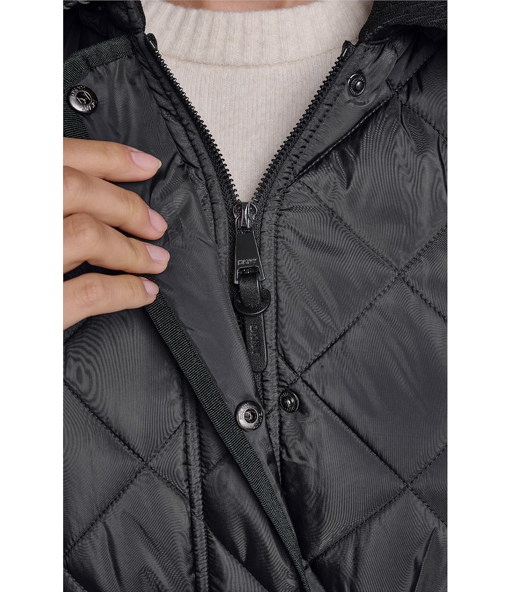 DKNY Diamond Quilted Point Collar Removable Hood Snap Front Trench Coat