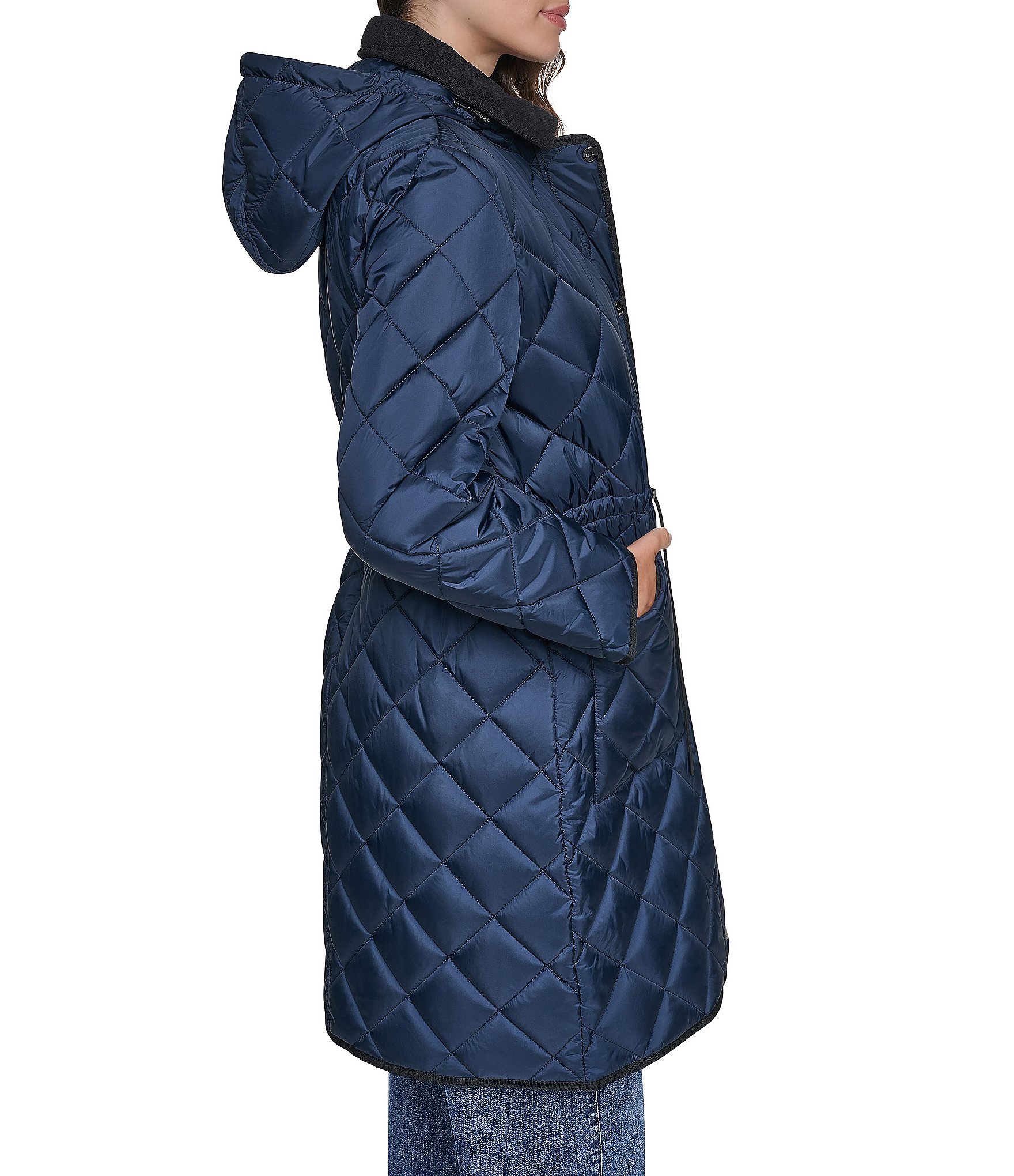 DKNY Diamond Quilted Point Collar Removable Hood Snap Front Trench Coat