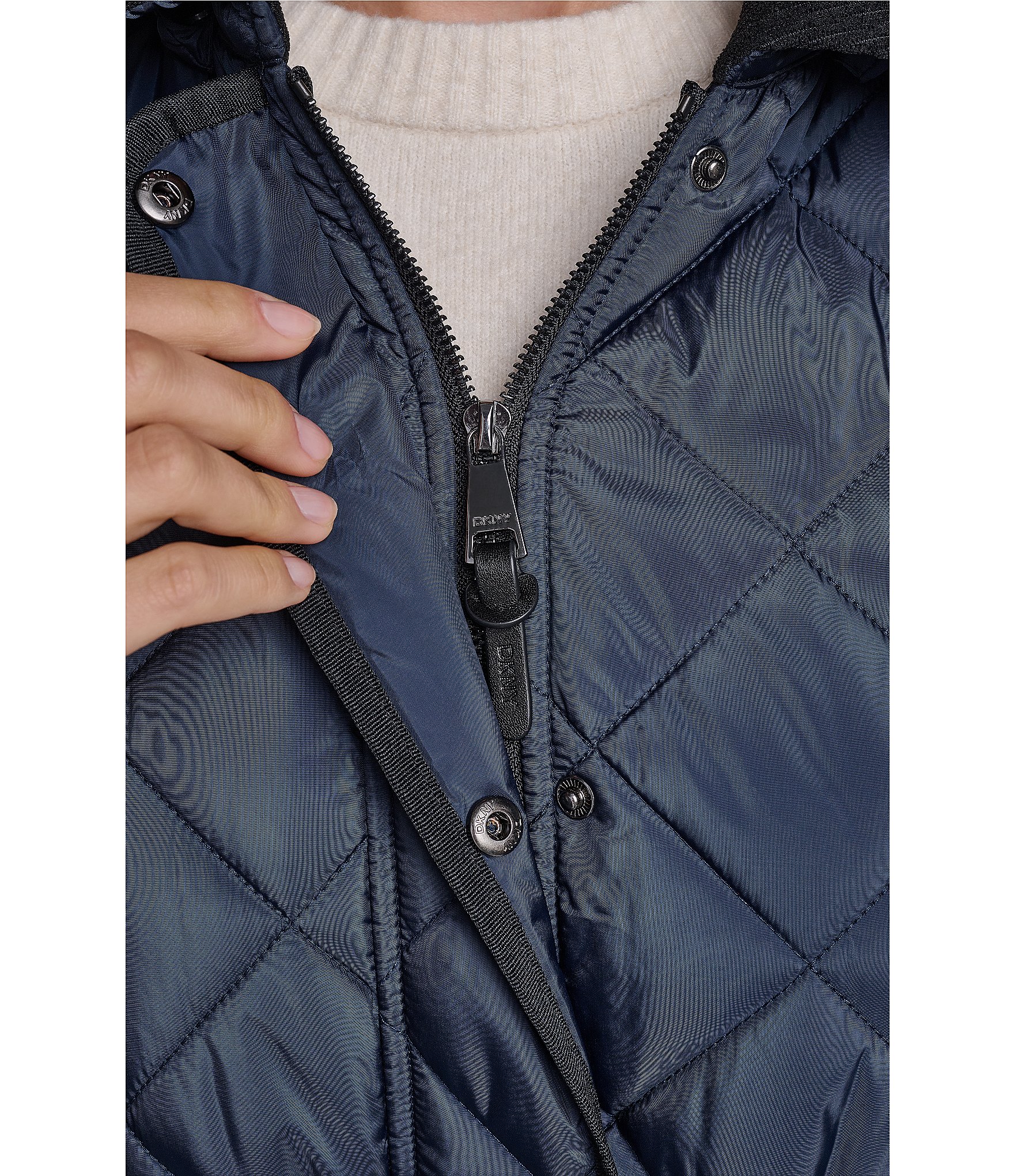 DKNY Diamond Quilted Point Collar Removable Hood Snap Front Trench Coat