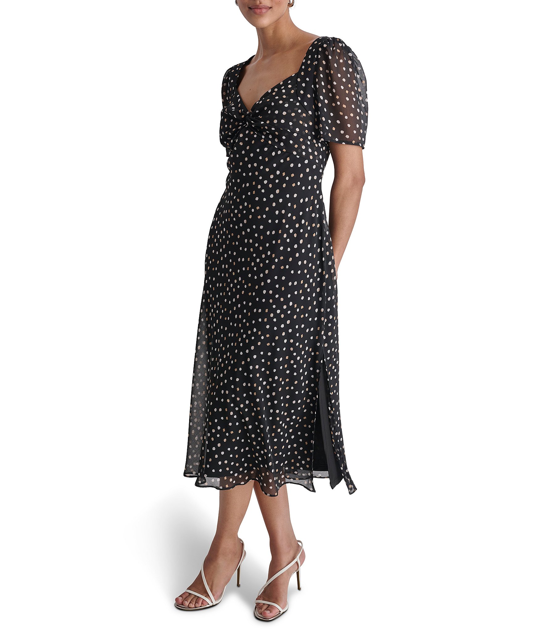 DKNY Dotted V-Neck Short Sleeve Midi Dress | Dillard's