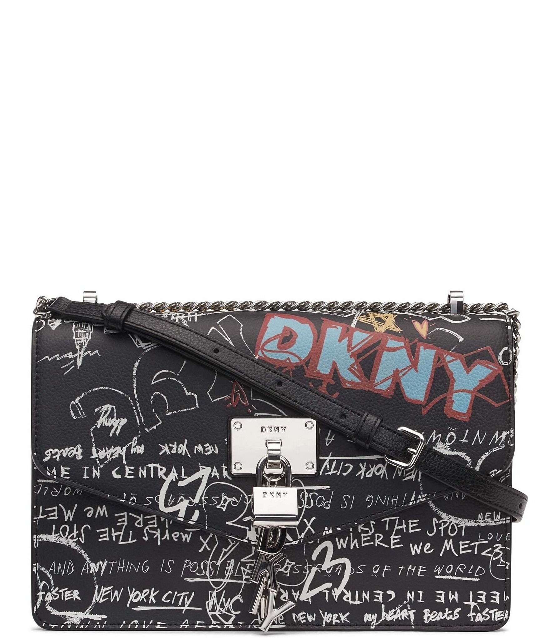 NWT DKNY Elissa GRAFFITI Black 100% LEATHER Pebbled CROSSBODY BAG MSRP $148