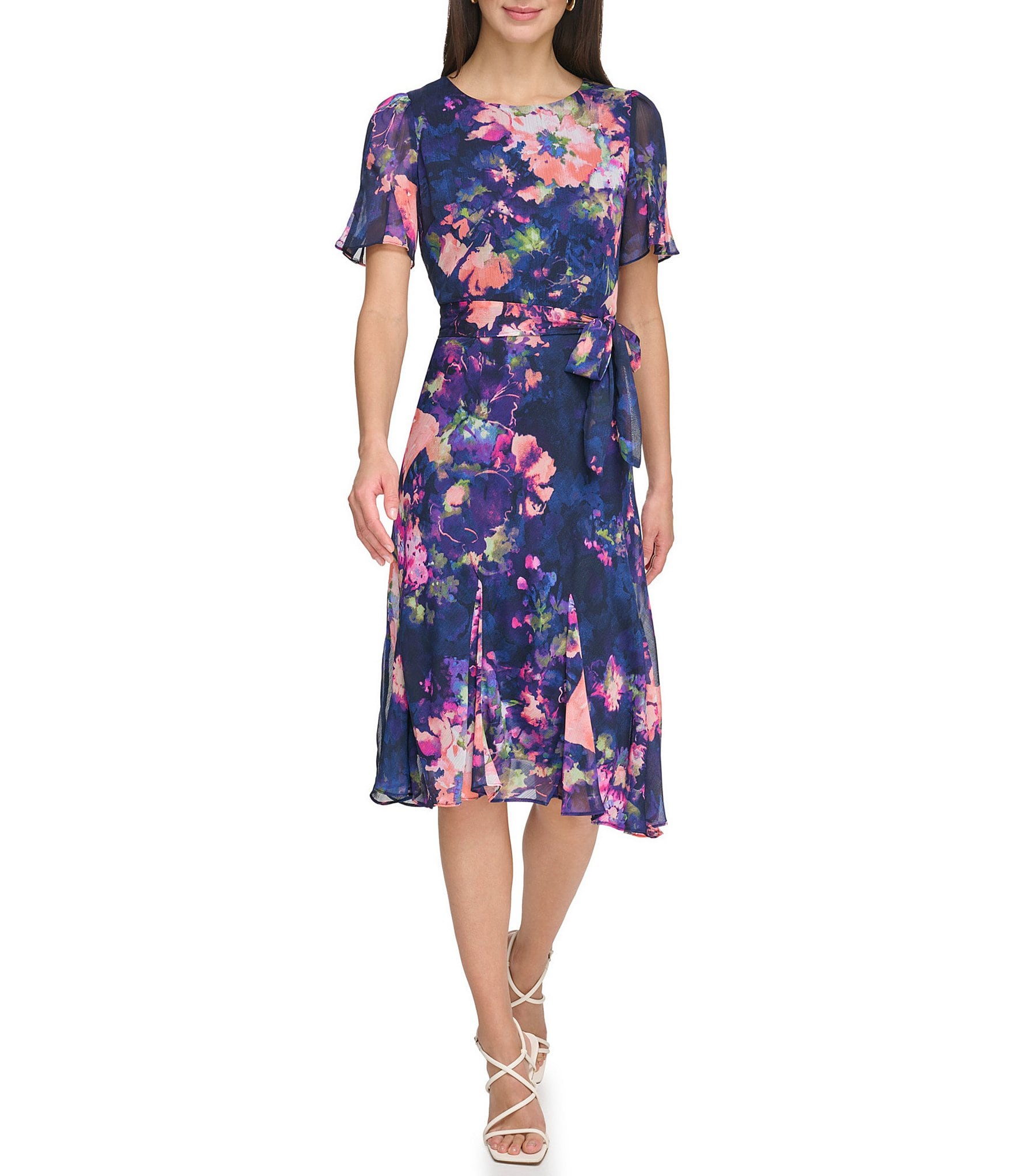 DKNY Floral Chiffon Round Neck Short Sleeve Belted Midi Dress | Dillard's