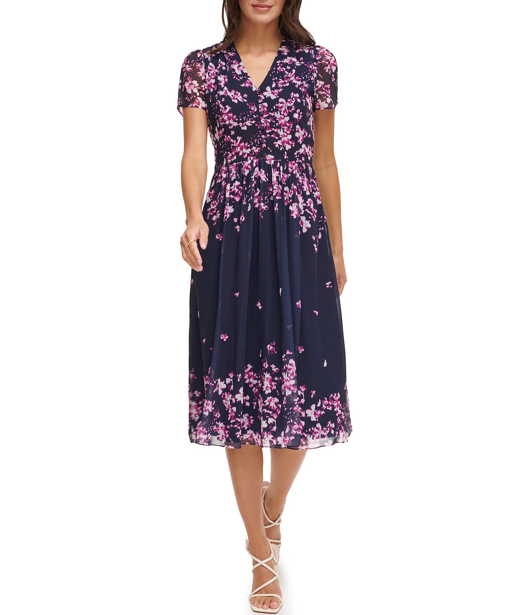 DKNY Floral Print V Neckline Short SLeeve Dress | Dillard's