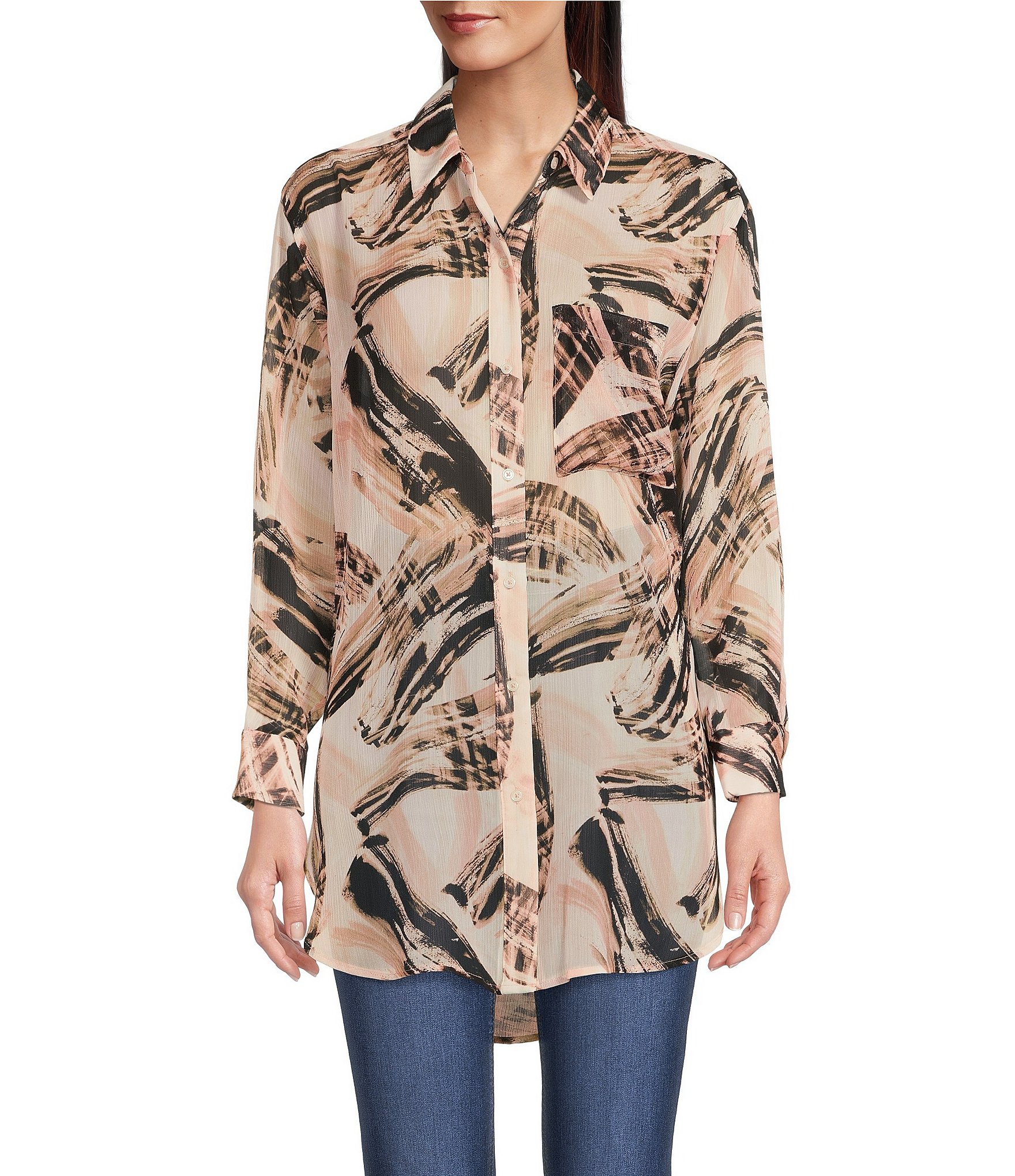 DKNY Gold Sand Print Long Sleeve Collared Chiffon Button Front Blouse ...