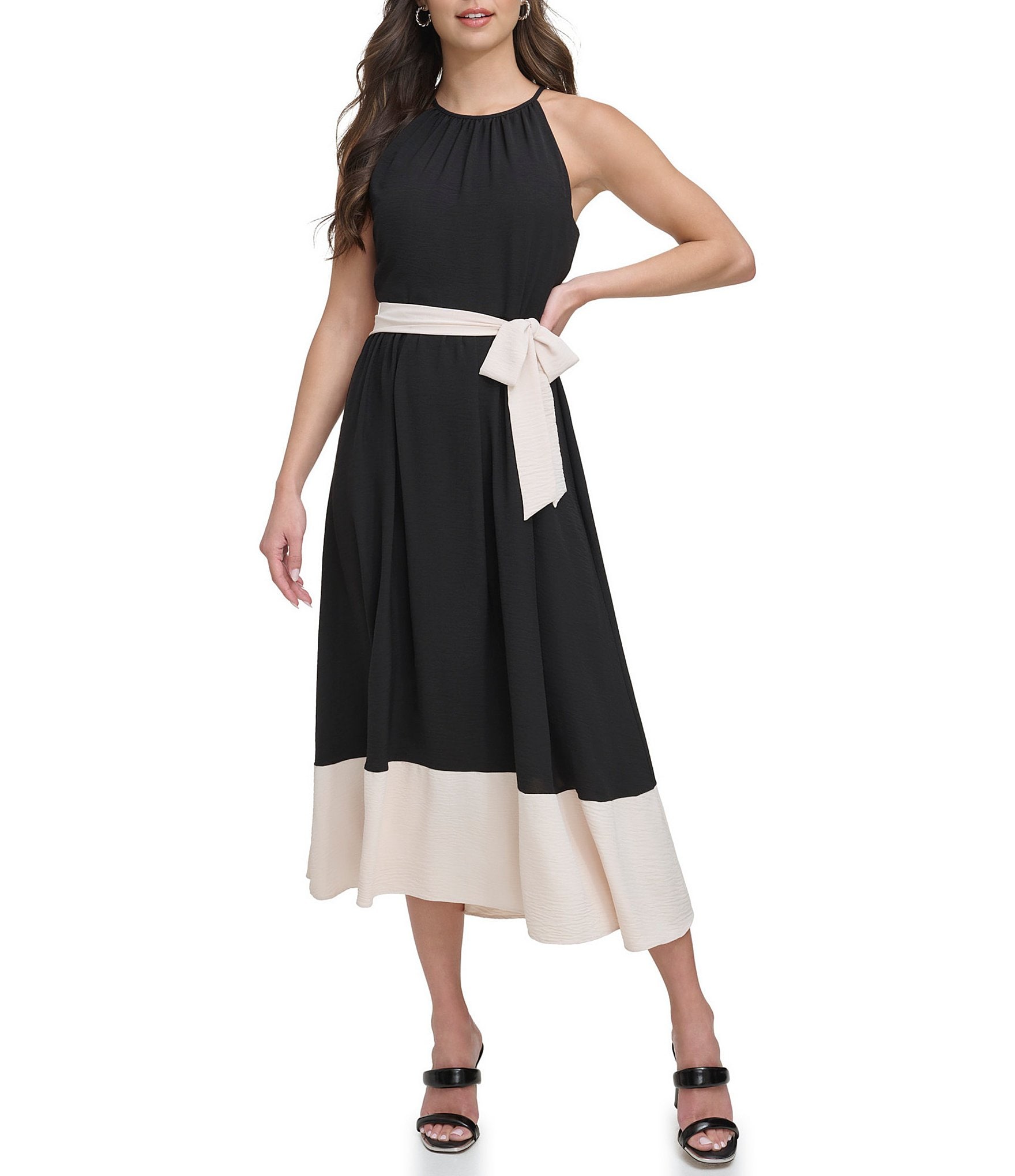 DKNY Halter Neck Sleeveless Tie Waist Midi Dress | Dillard's