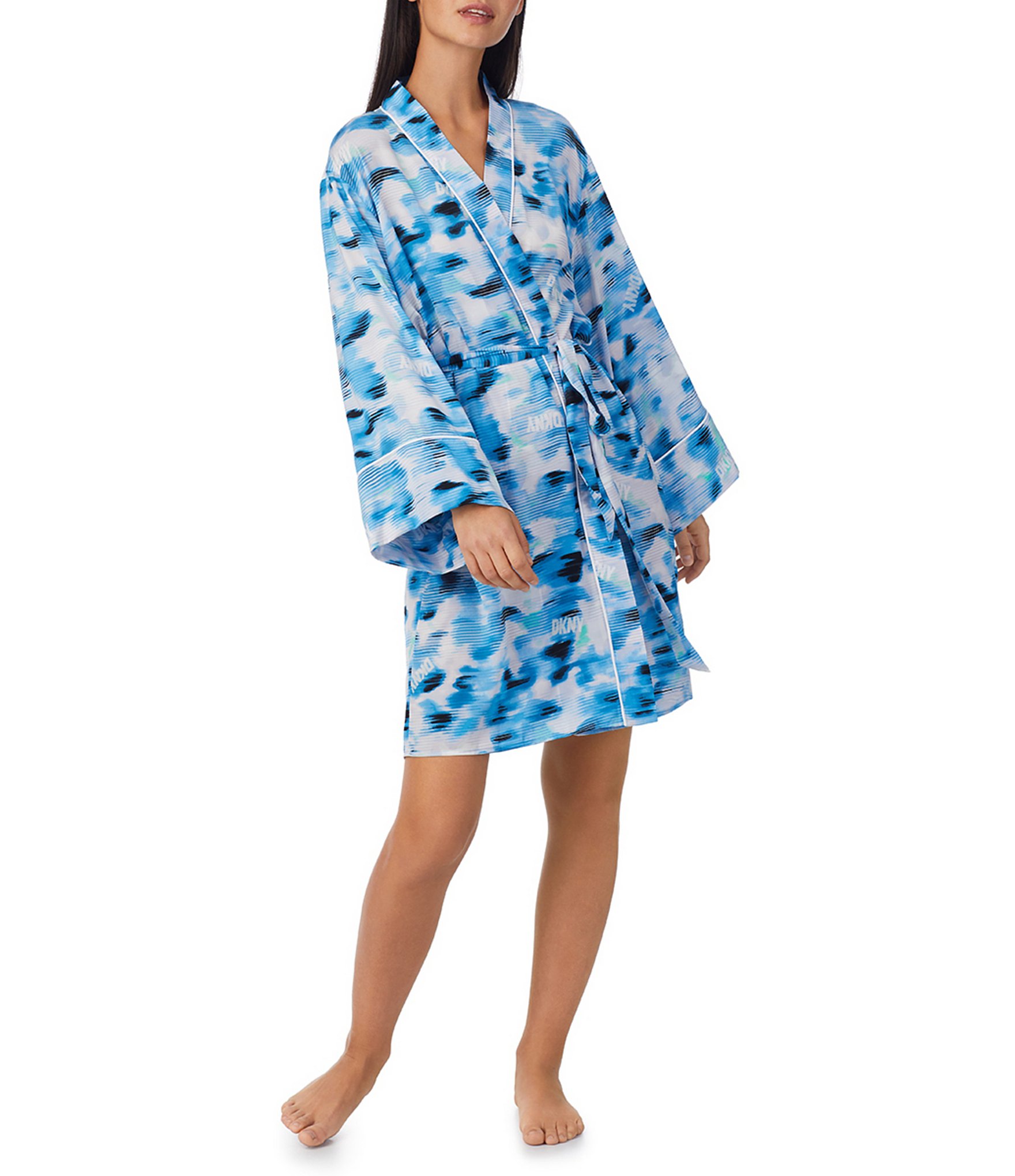 DKNY by Donna Karan Hazy Print 3/4 Sleeve Satin Short Robe