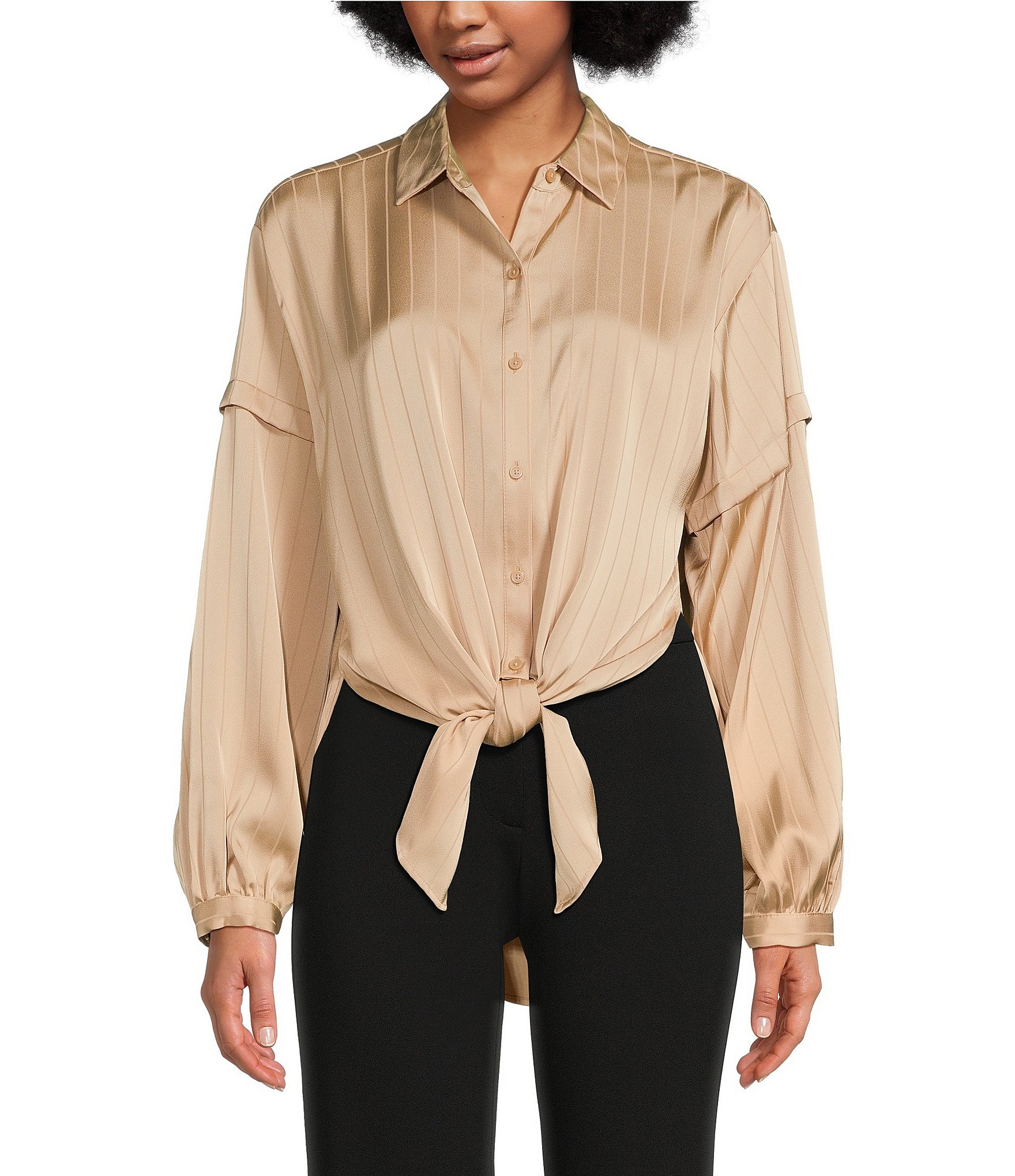 DKNY Jacquard Point Collar Long Sleeve Tie Front Blouse