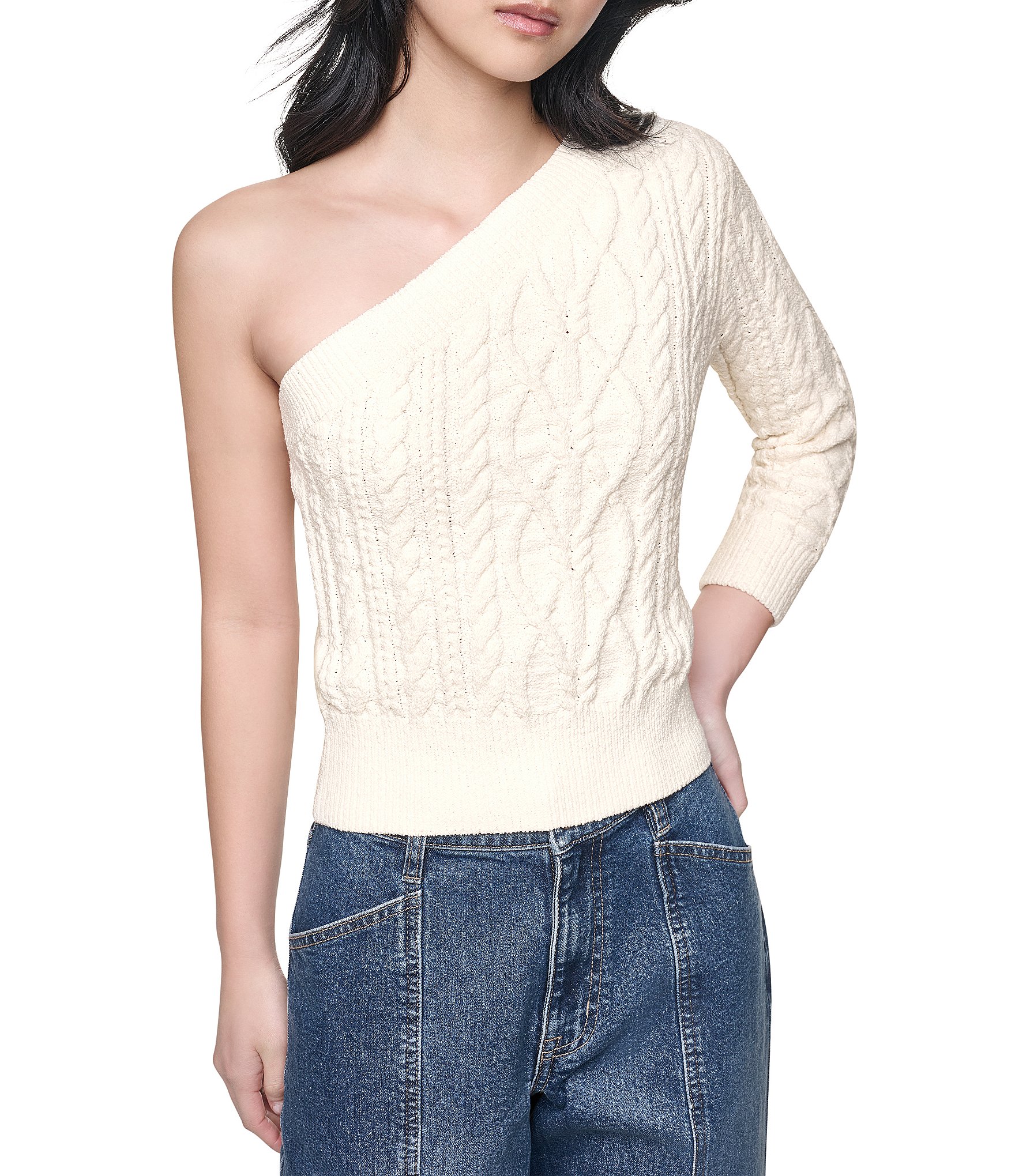 DKNY Jeans by Donna Karan Cable Sweater One Shoulder Long Sleeve Top