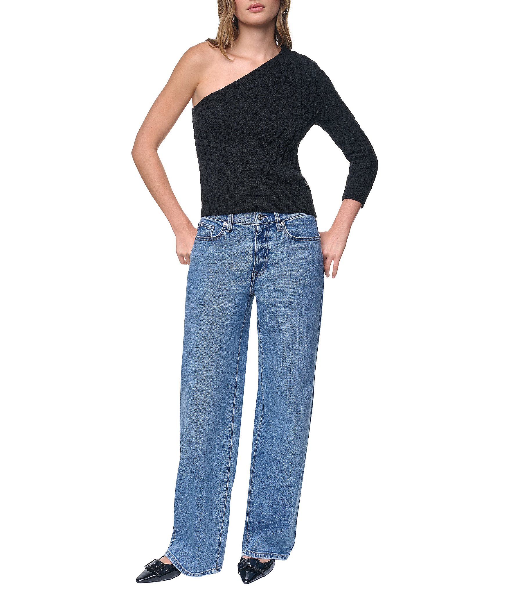 DKNY Jeans by Donna Karan Cable Sweater One Shoulder Long Sleeve Top