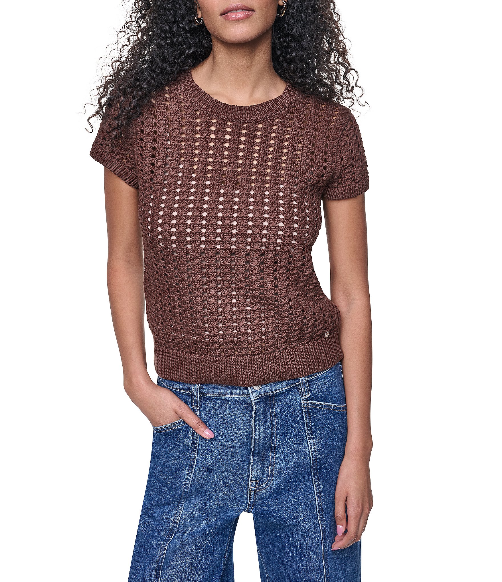 DKNY Jeans by Donna Karan Chunky Pointelle Crew Neck Short Sleeve Top