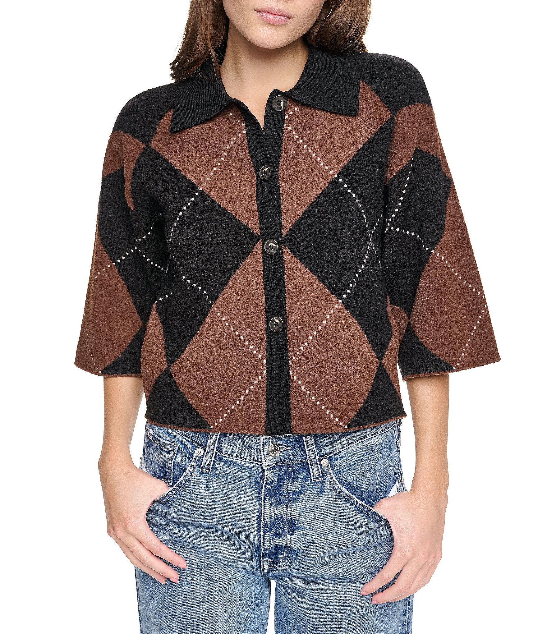 DKNY Jeans by Donna Karan Coordinating Fuzzy Diamond Pattern Point Collar Elbow Sleeve Cardigan