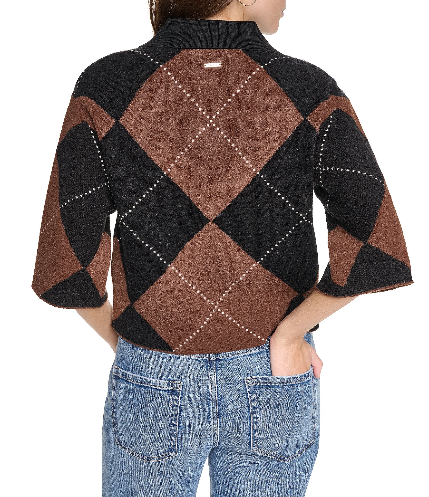 DKNY Jeans by Donna Karan Coordinating Fuzzy Diamond Pattern Point Collar Elbow Sleeve Cardigan