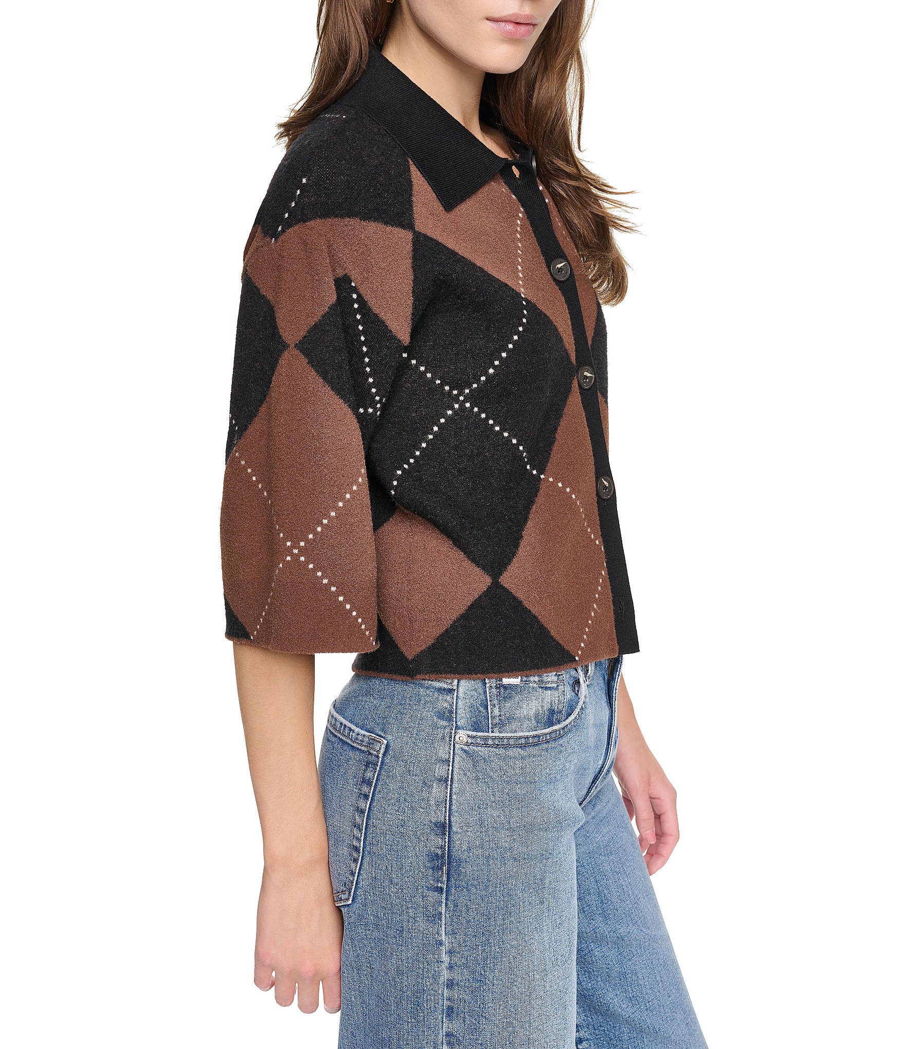 DKNY Jeans by Donna Karan Coordinating Fuzzy Diamond Pattern Point Collar Elbow Sleeve Cardigan