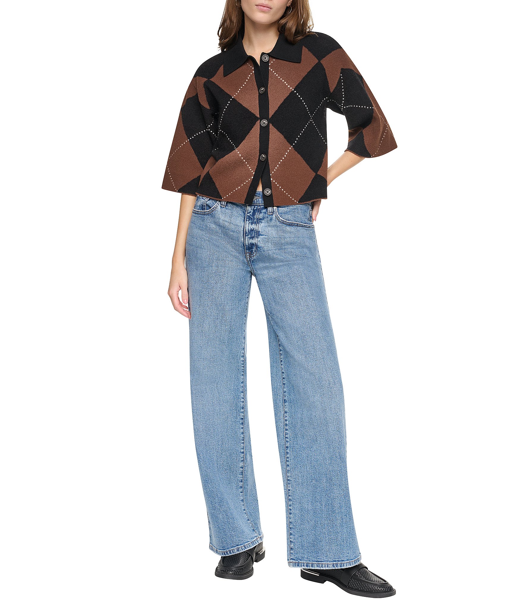 DKNY Jeans by Donna Karan Coordinating Fuzzy Diamond Pattern Point Collar Elbow Sleeve Cardigan