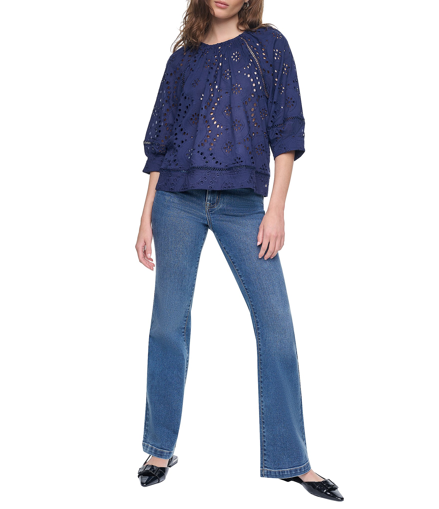 DKNY Jeans by Donna Karan Shirred Crew Neck 3/4 Raglan Sleeve Top
