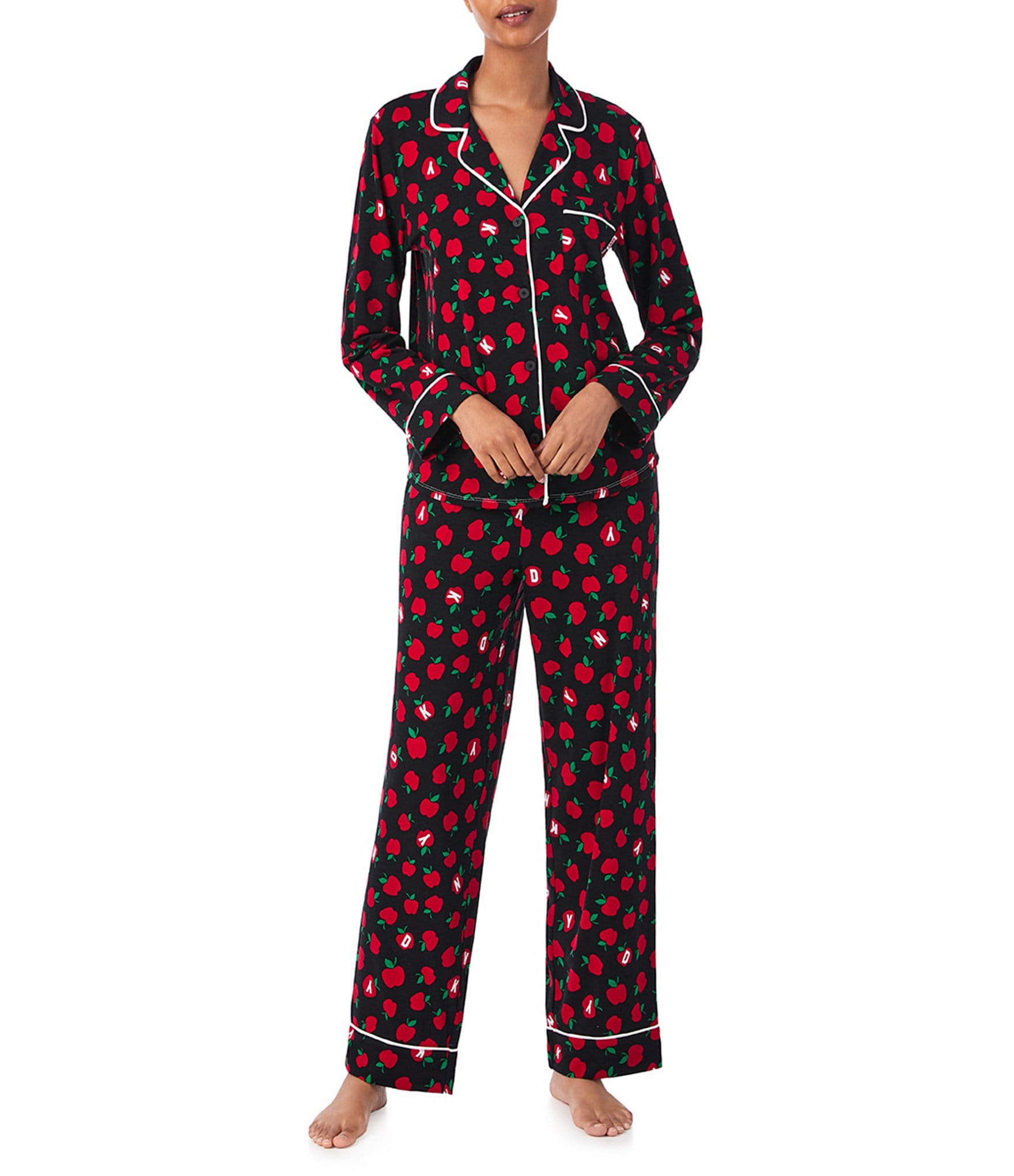 DKNY Jersey Knit Apple Print Long Sleeve Notch Collar Pajama Set