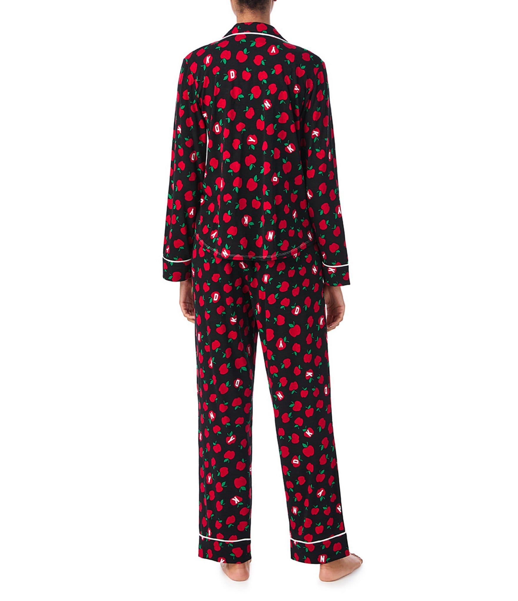 DKNY Jersey Knit Apple Print Long Sleeve Notch Collar Pajama Set