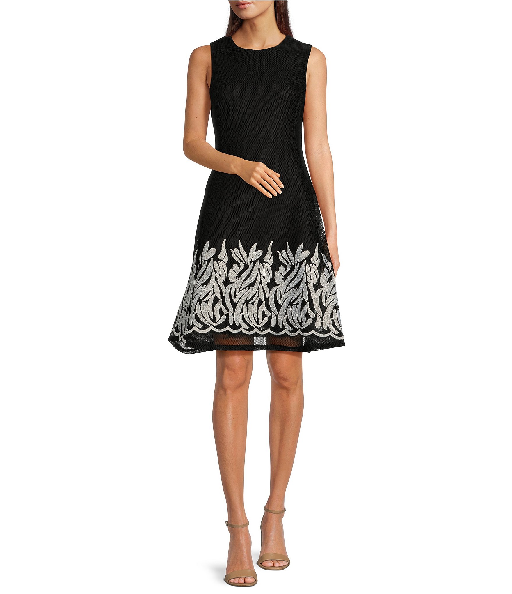 DKNY Sleeveless Embroidered Mesh Boarder Fit and Flare Dress | Dillard's