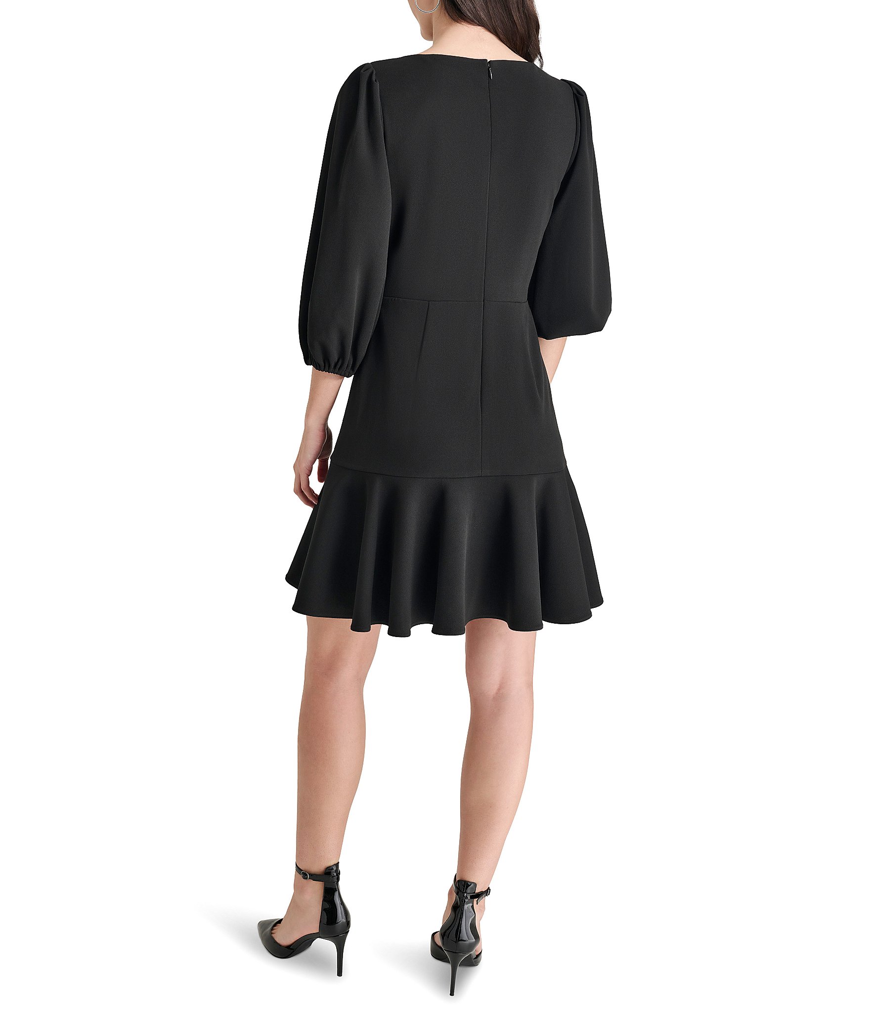 DKNY by Donna Karan Knit Faux Wrap V Neck Balloon 3/4 Sleeve Ruffle Hem Dress