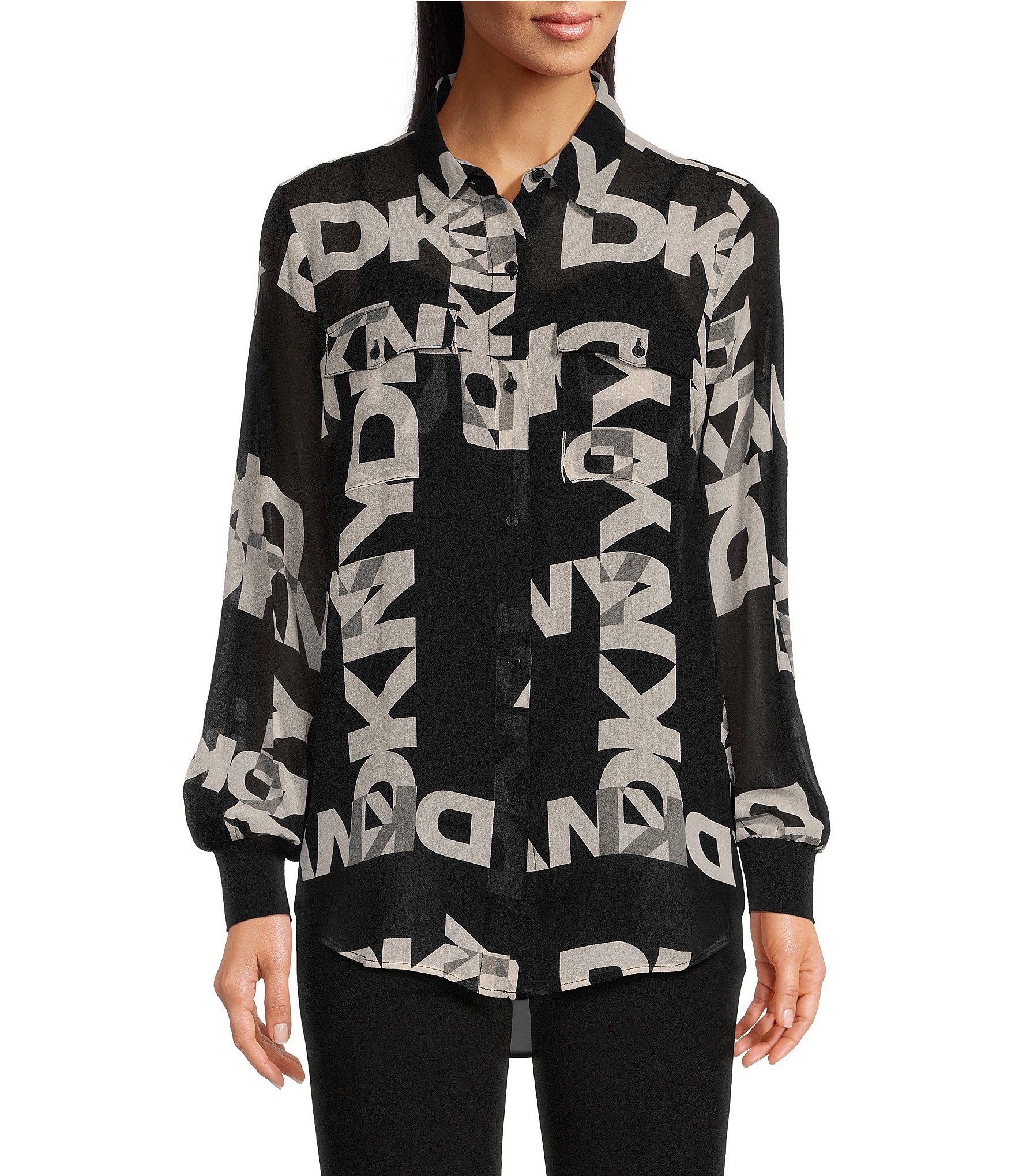 DKNY by Donna Karan Logo Printed Chiffon Button Front Shirt