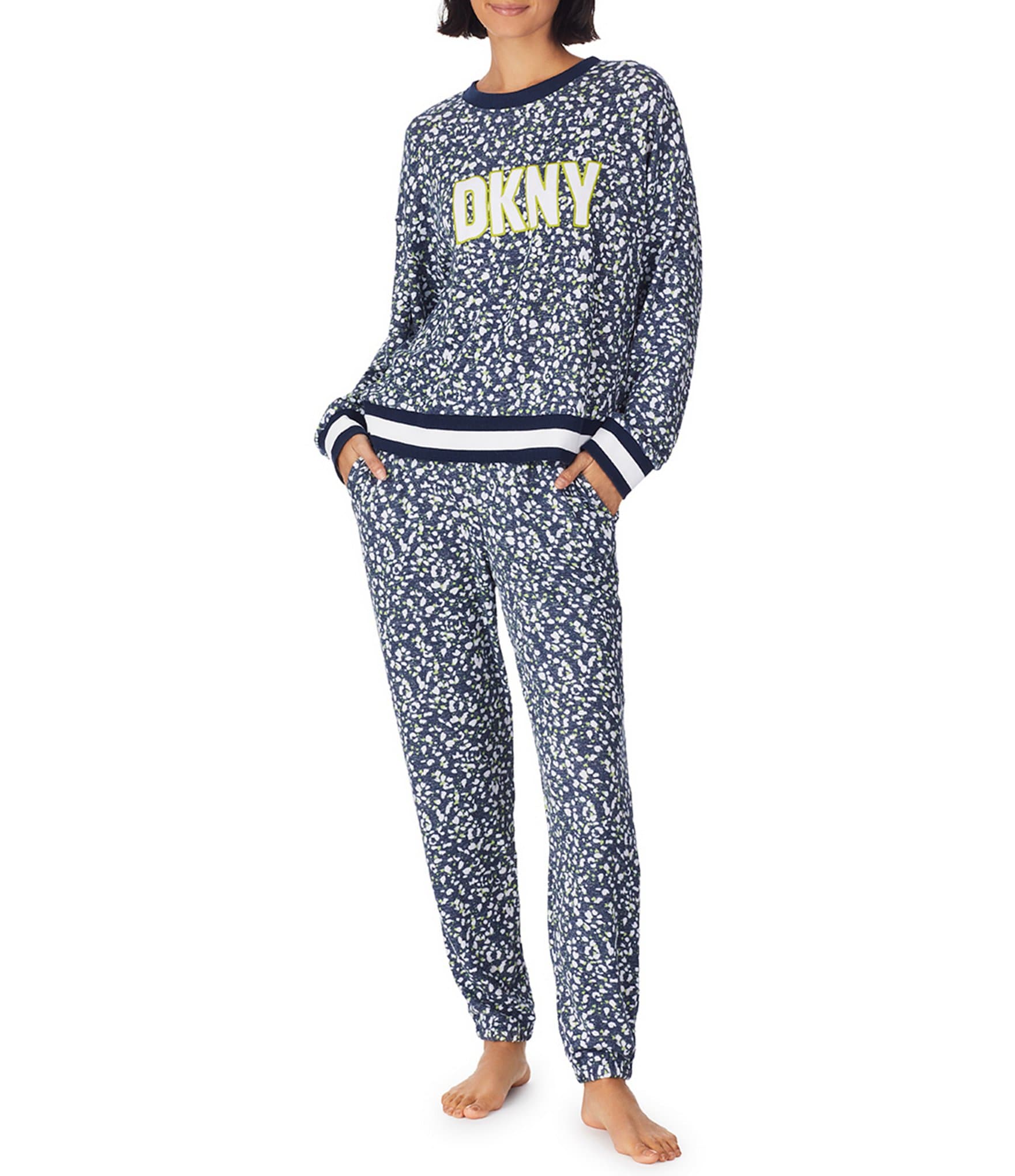 DKNY Long Sleeve & Jogger Knit Textured Print Pajama Set | Dillard's