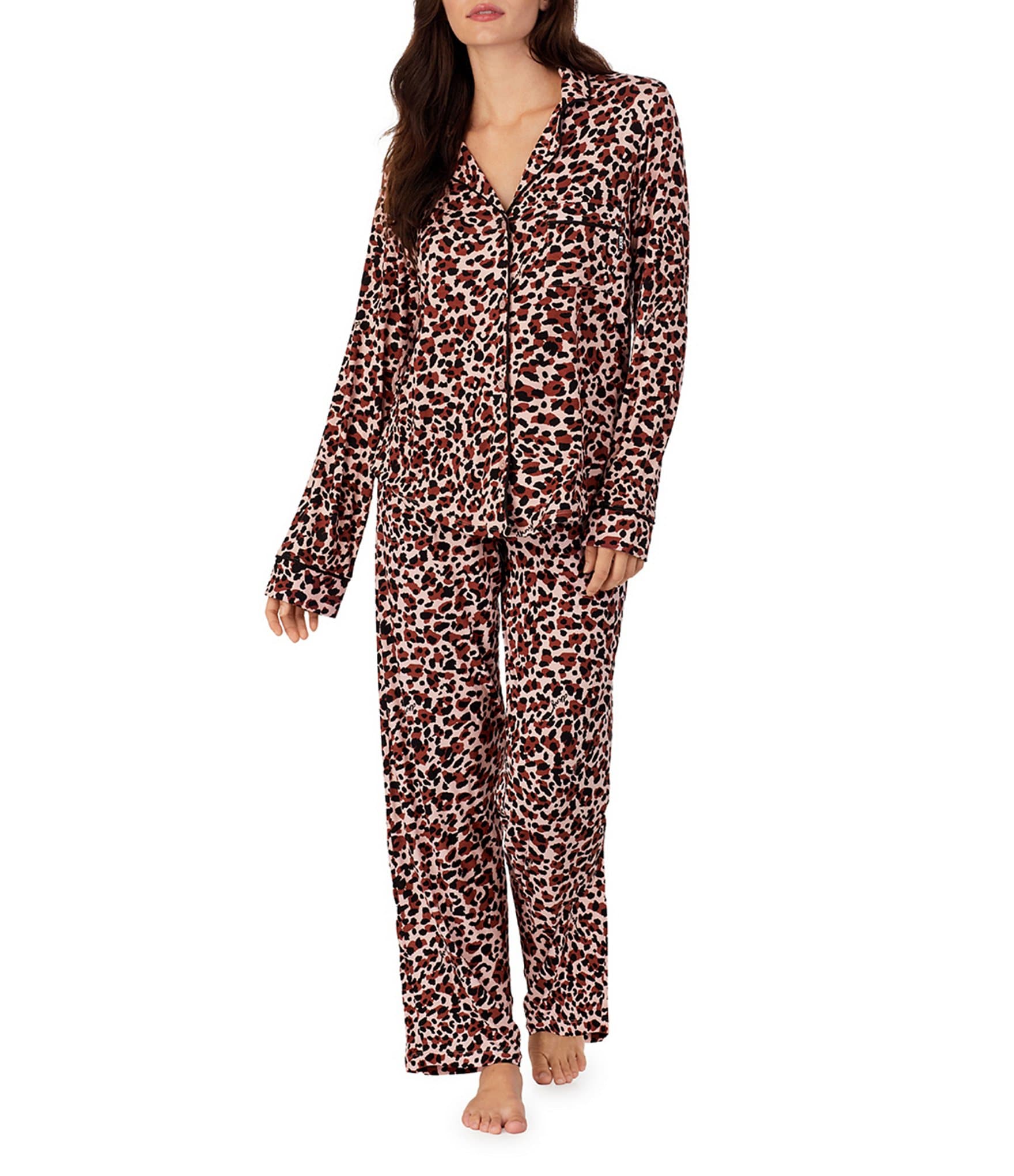 DKNY Long Sleeve Notch Collar Jersey Knit Blush Animal Print Pajama Set ...