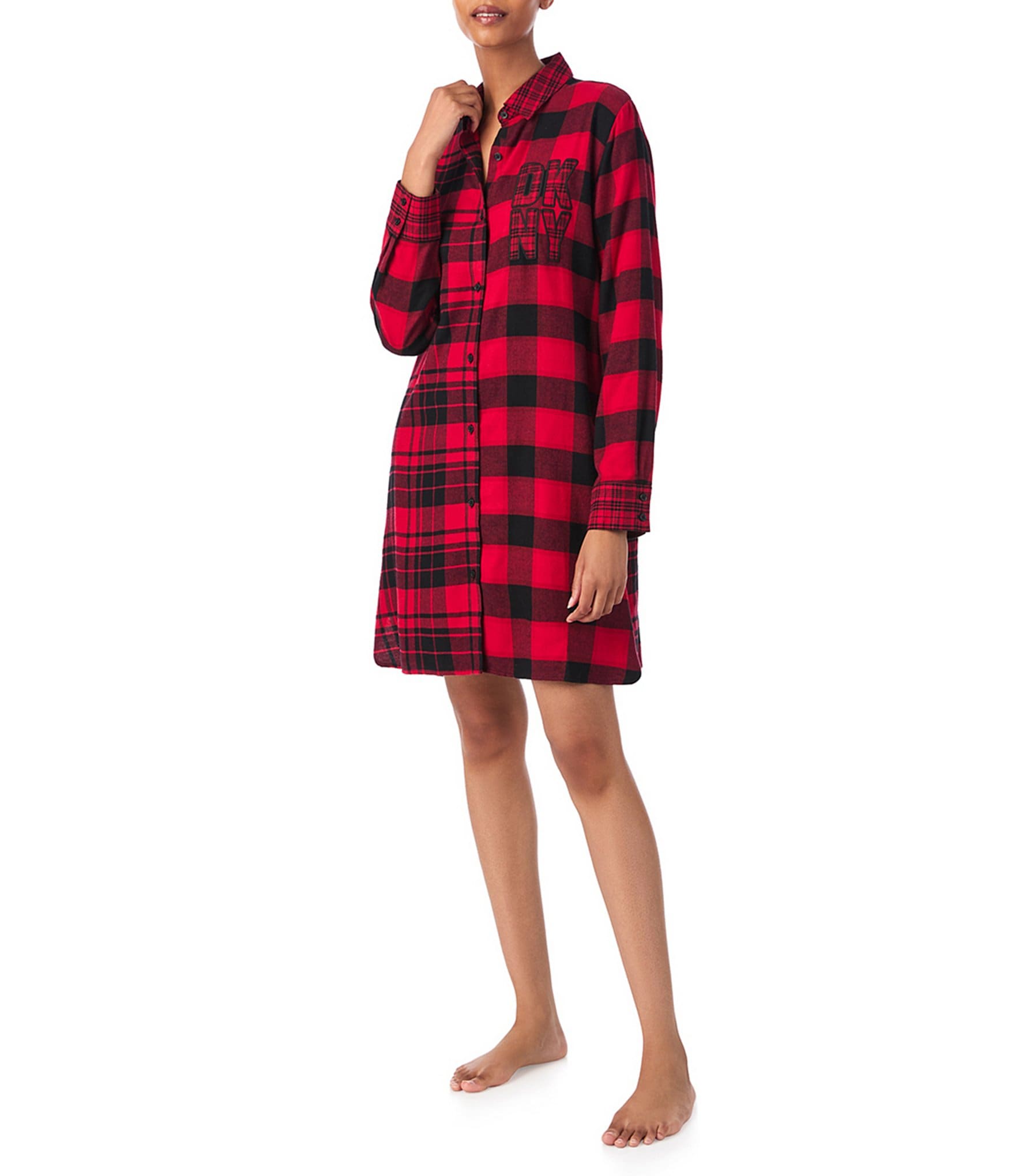 DKNY Long Sleeve Notch Collar Plaid Patchwork Print Flannel Button Front Nightshirt