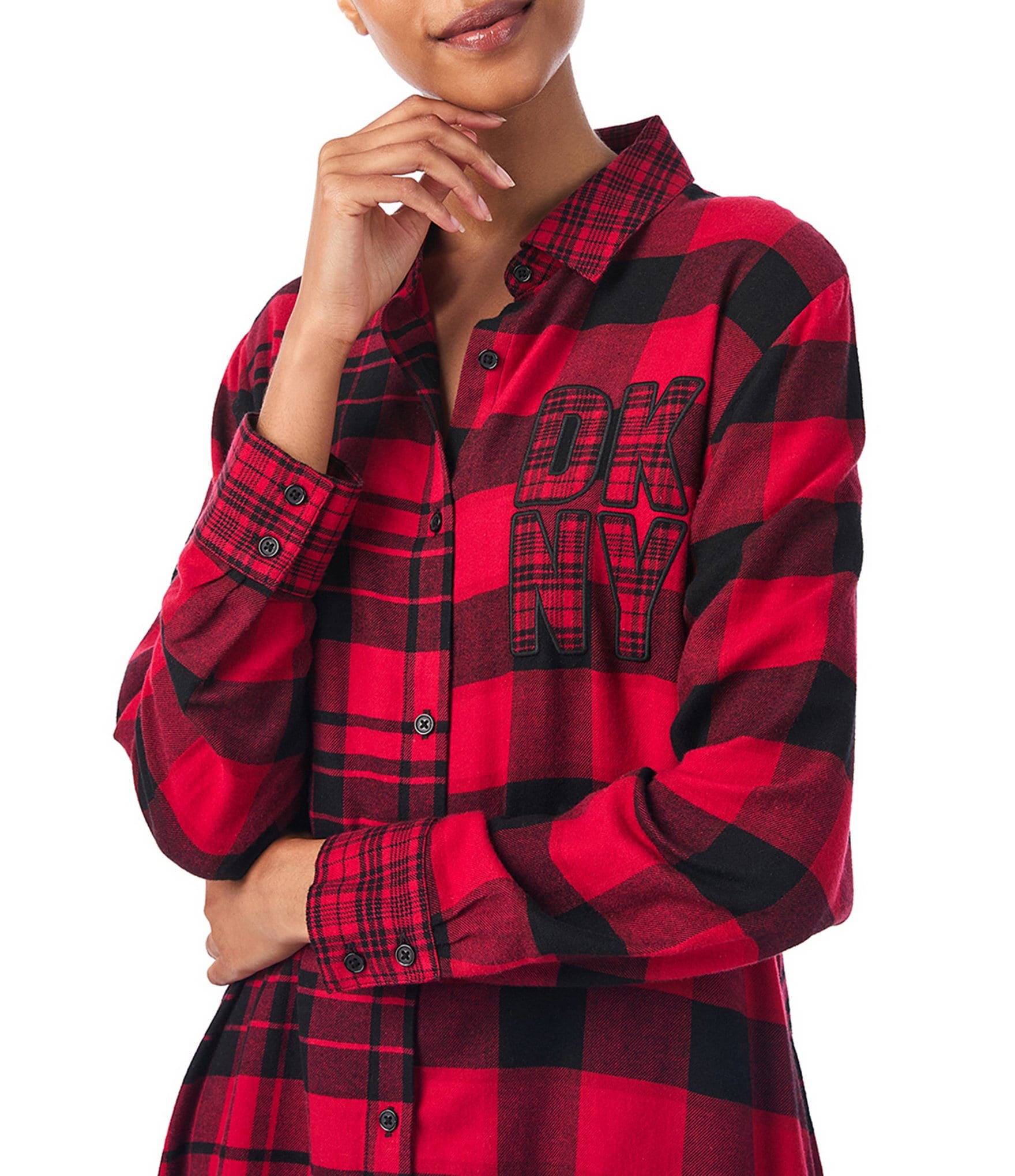 DKNY Long Sleeve Notch Collar Plaid Patchwork Print Flannel Button Front Nightshirt