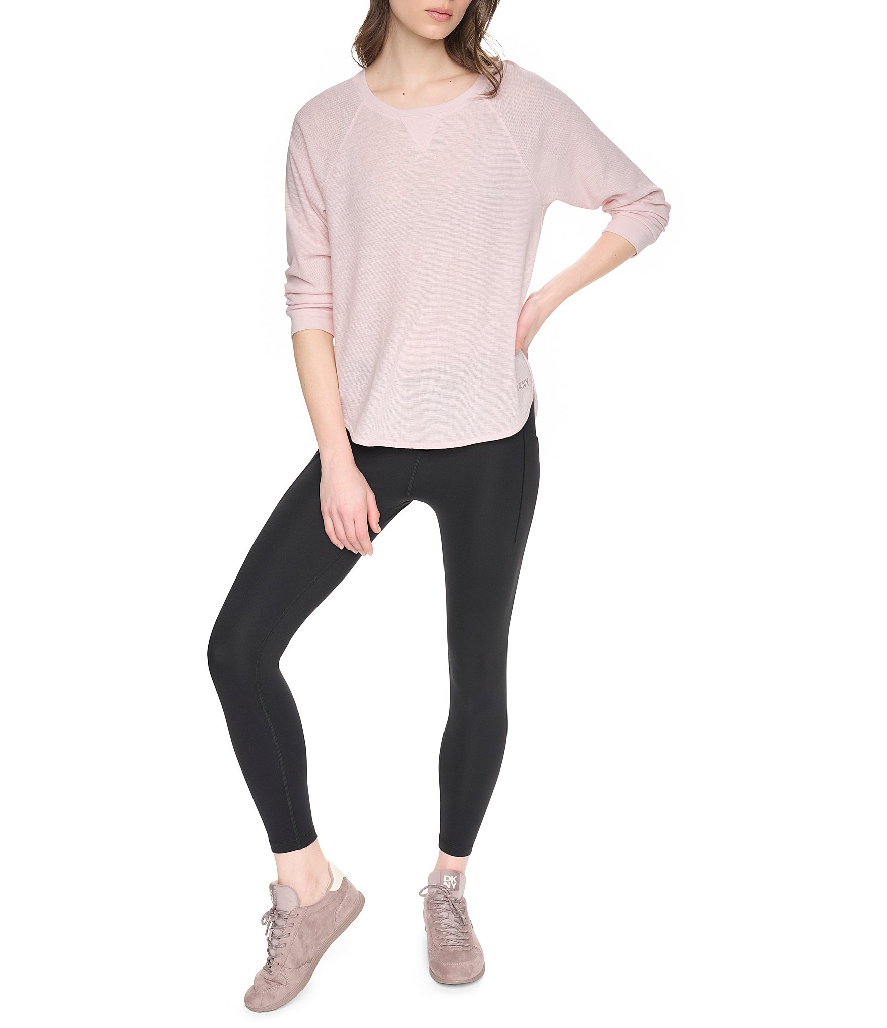 DKNY Sport by Donna Karan Mini Slub Waffle Knit Crew Neck 3/4 Ruched Sleeve Tee