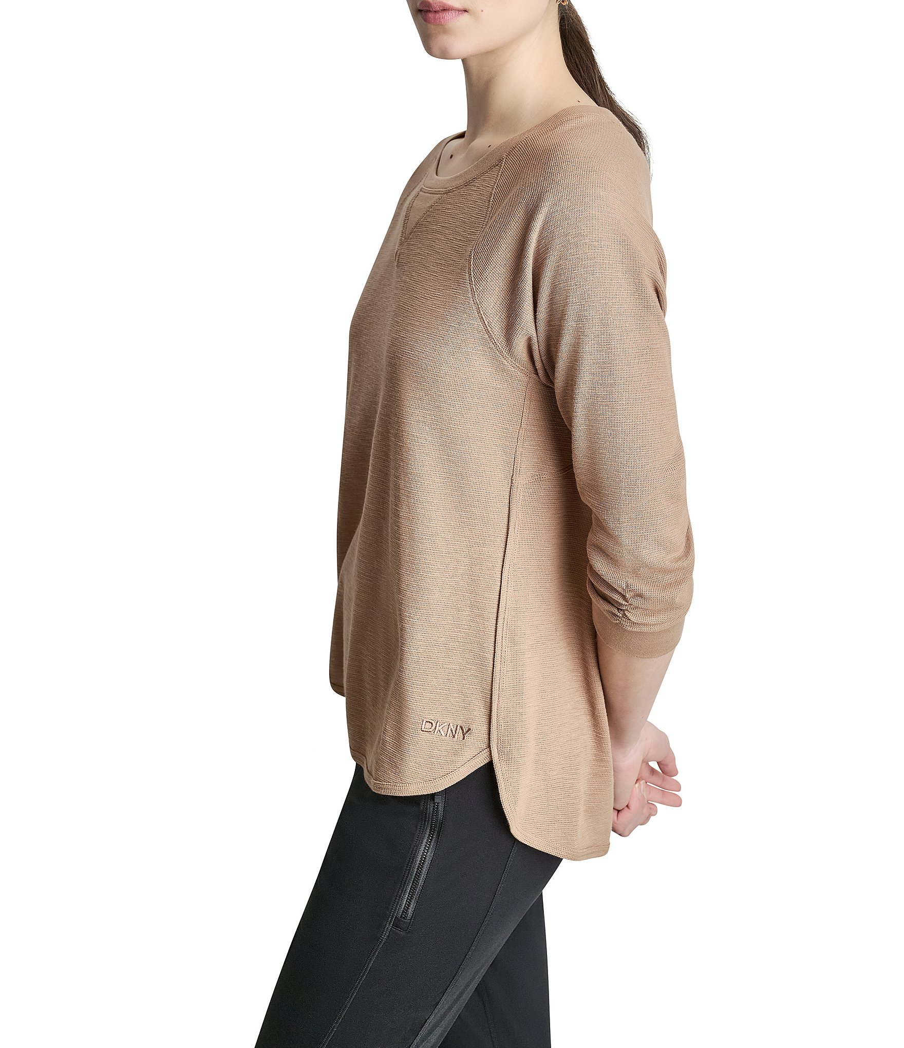 DKNY Sport by Donna Karan Mini Slub Waffle Knit Crew Neck 3/4 Ruched Sleeve Tee