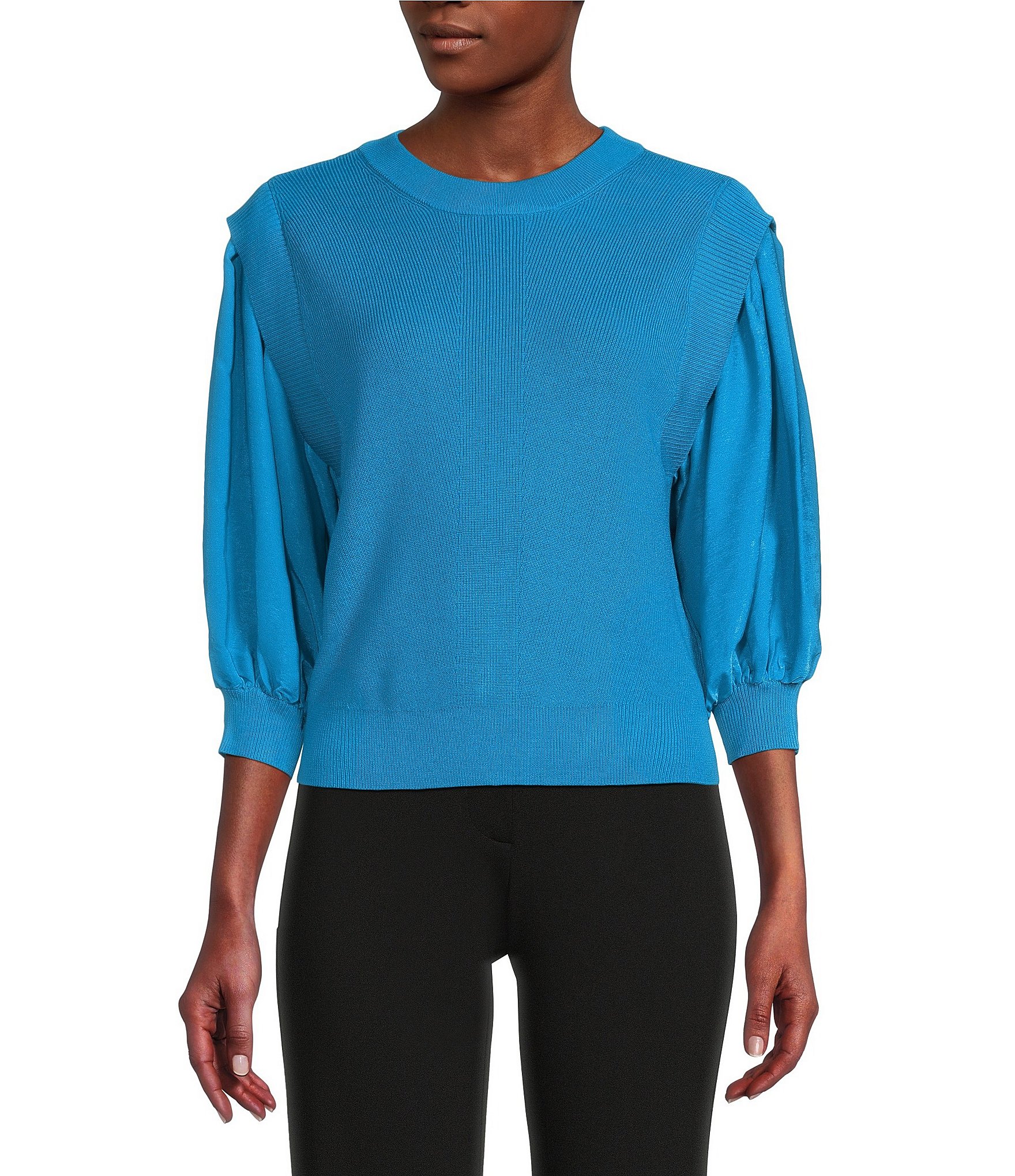 DKNY Sport Mini Slub Waffle Knit Crew Neck 3/4 Ruched Sleeve Tee