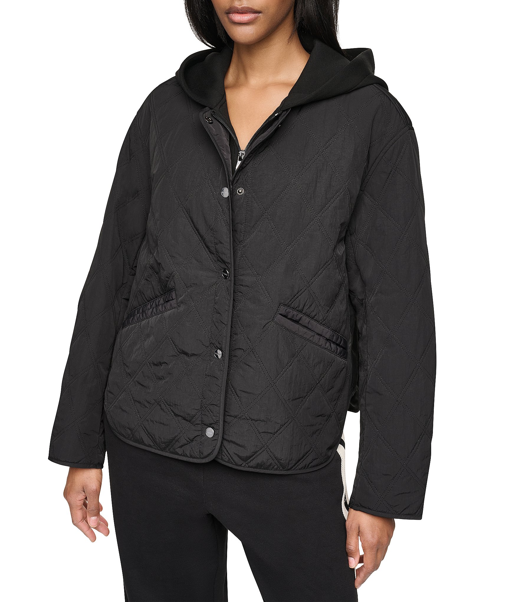DKNY Mix Media Light Weight Diamond Quilt Snap Front Jacket