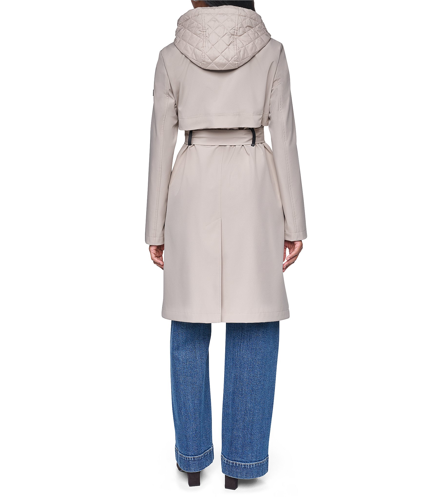 DKNY Mix Media Notch Collar Belted Snap Front Trench Coat