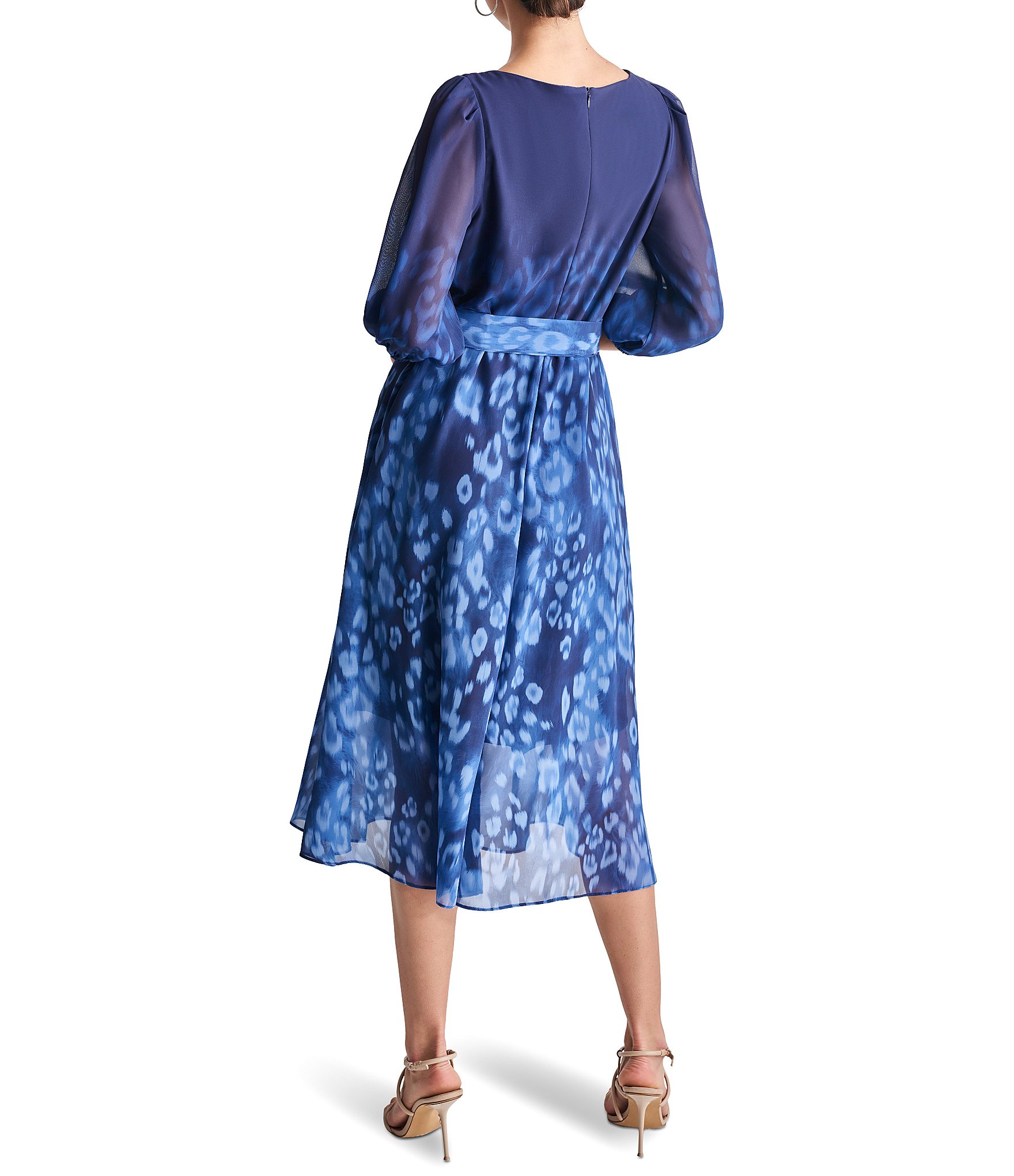 DKNY by Donna Karan Ombre Printed Surplice V-Neck Elbow Balloon Sleeve Tie Waist Midi Dress