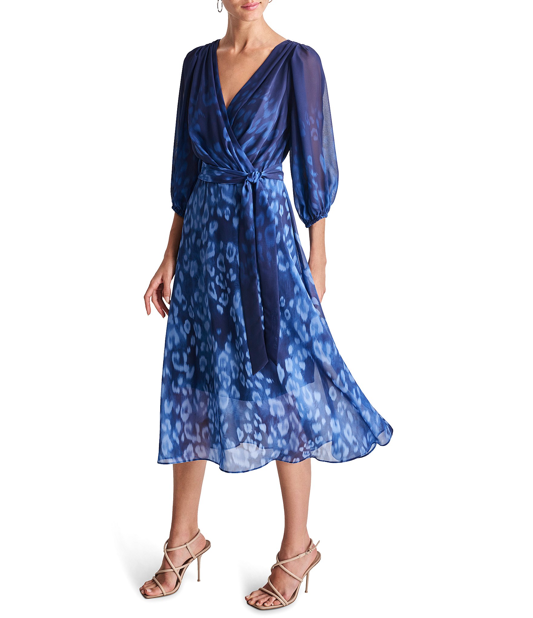 DKNY by Donna Karan Ombre Printed Surplice V-Neck Elbow Balloon Sleeve Tie Waist Midi Dress