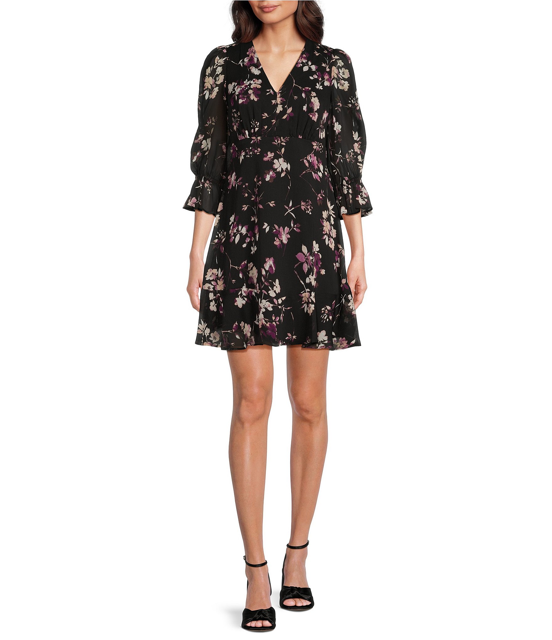 DKNY by Donna Karan Petite Size 3/4 Ruffle Sleeve V-Neck Ruffle Hem Floral Dress