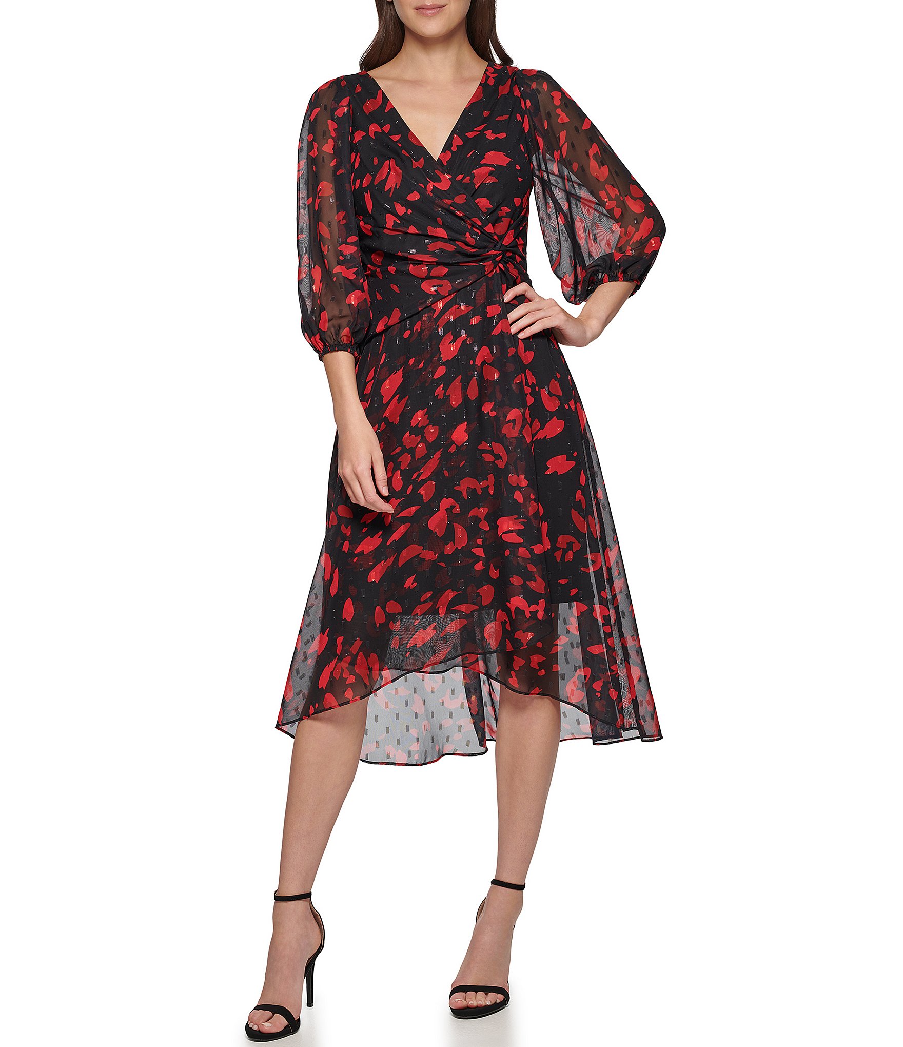 DKNY Petite Size 3/4 Sleeve Surplice V-Neck Chiffon Faux Wrap Dress ...