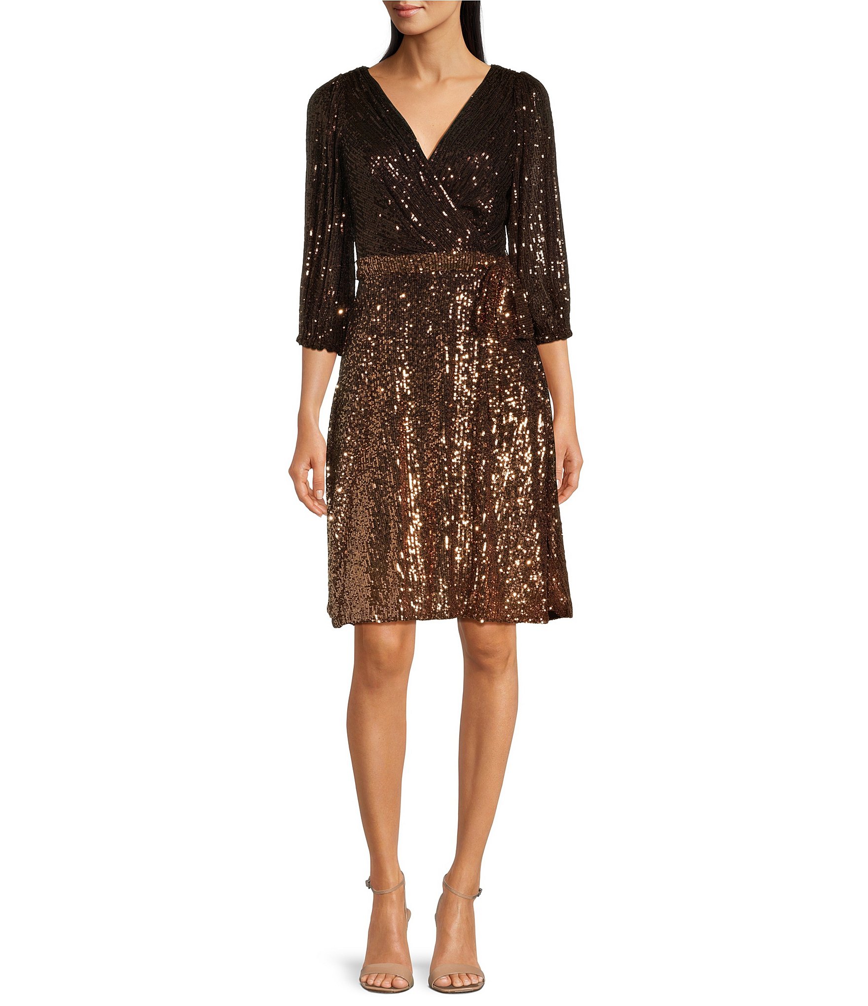 DKNY Petite Size 3/4 Sleeve V-Neck Sequin Faux Wrap Dress | Dillard's