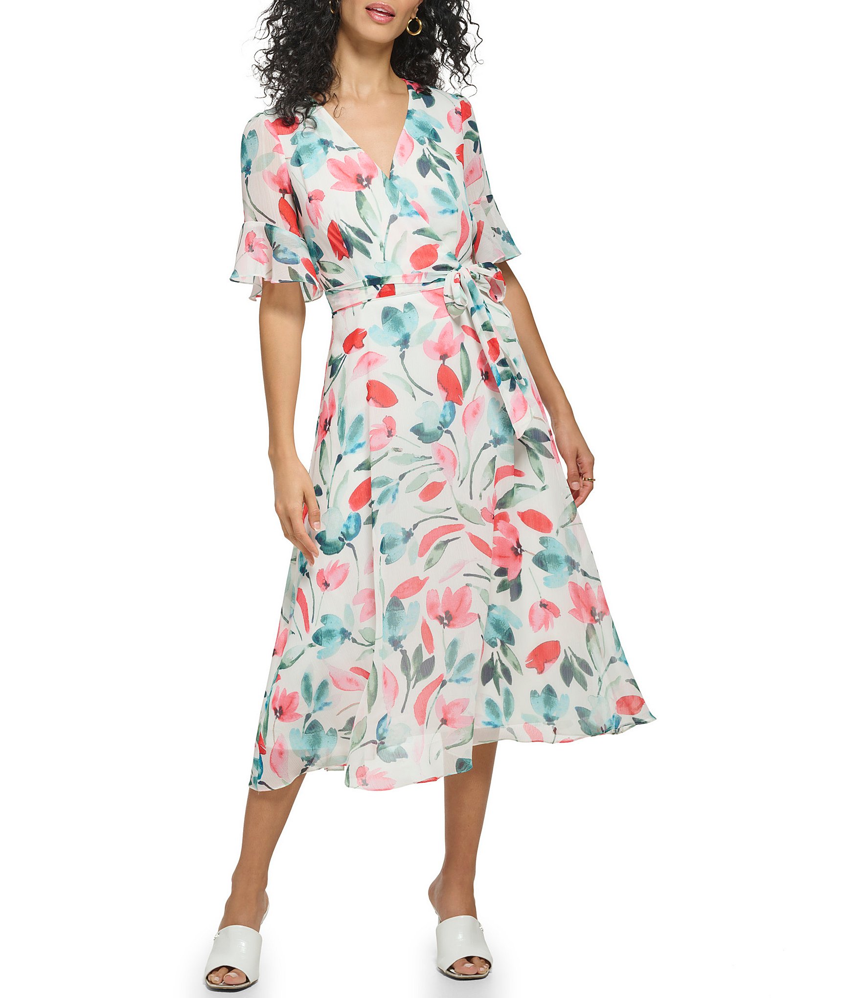 DKNY Petite Size Floral Chiffon Print Faux Wrap Midi Dress | Dillard's