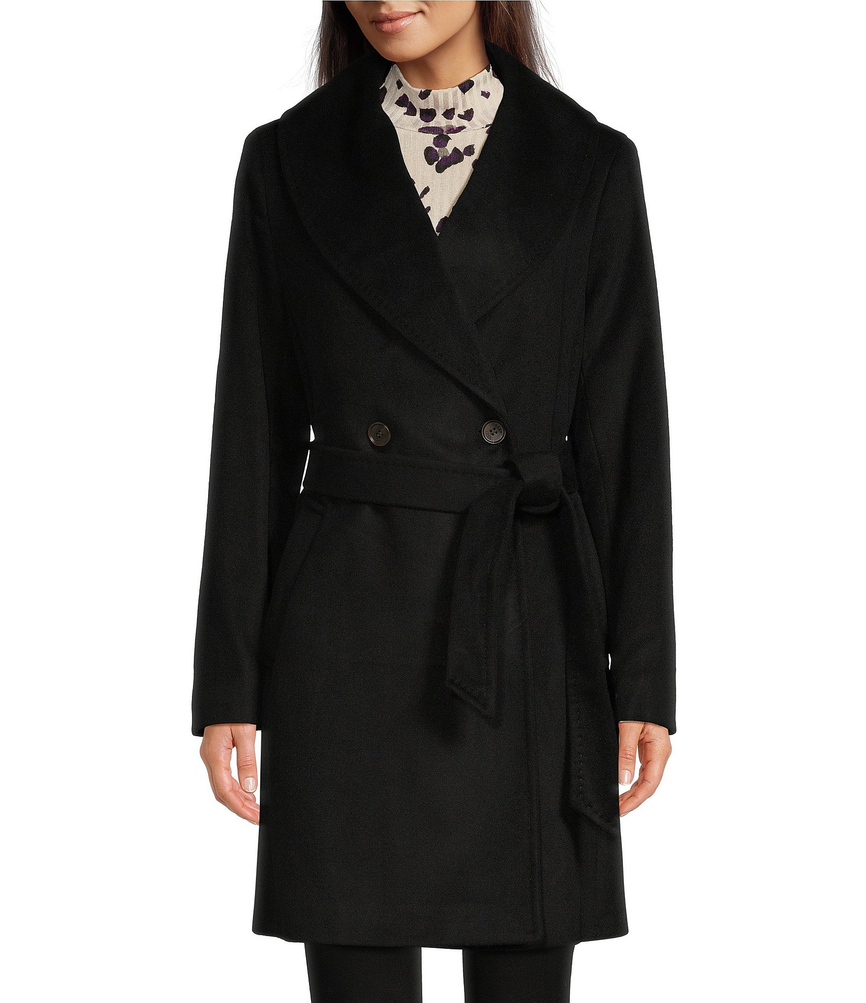 DKNY Petite Size Shawl Collar Belted Wrap Front Coat | Dillard's