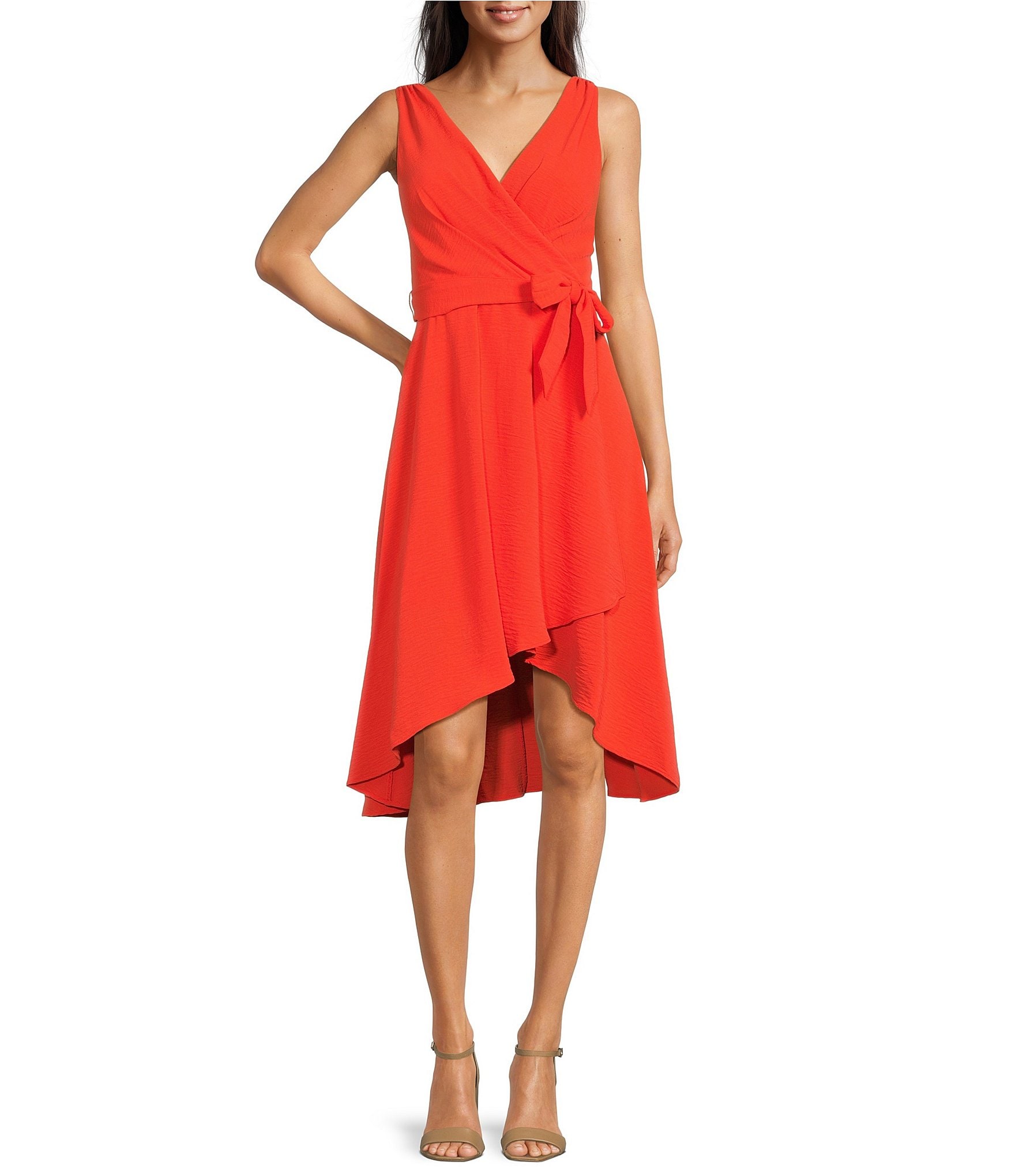 DKNY Petite Size Sleeveless V-Neck Tie Waist Faux Wrap Dress | Dillard's