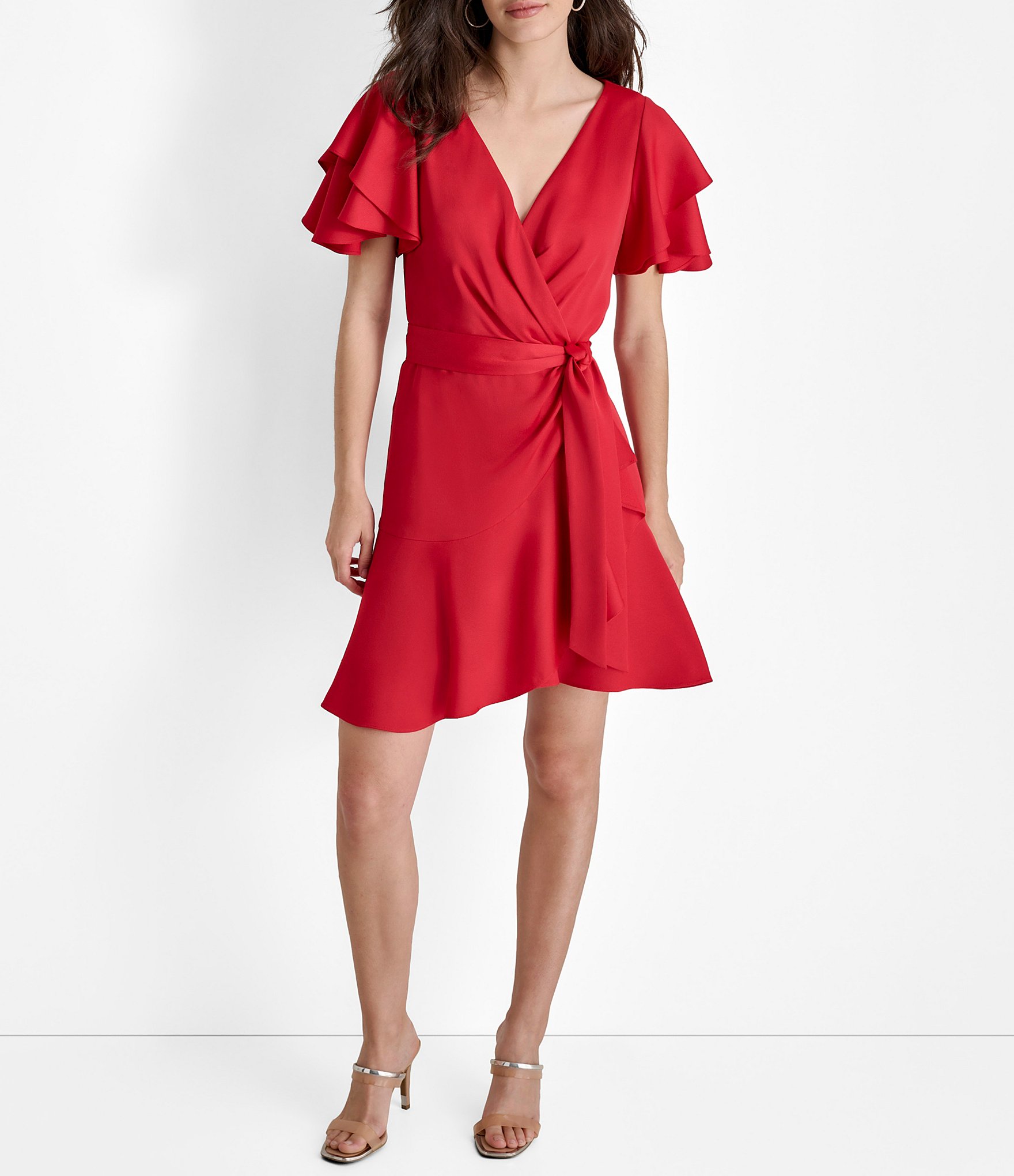 DKNY by Donna Karan Petite Size Surplice V-Neck Flutter Sleeve Asymmetrical Ruffle Hemline Faux Wrap Dress