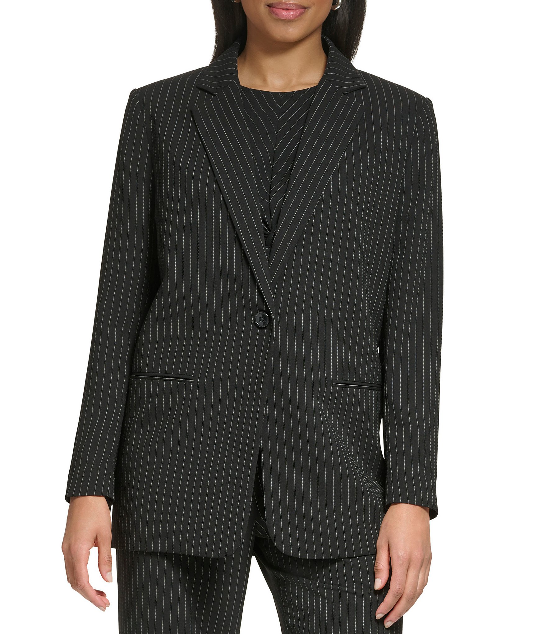 DKNY Plain Woven Stripe Notch Collar Flap Pocket Coordinating Blazer Jacket